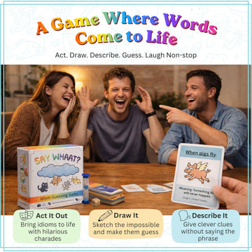 Mellow Minds Idiom Guessing Card Game: 100 Cards. Fun Party Learning for Families Kids and Adults, Charades, Drawing and Describing with Global