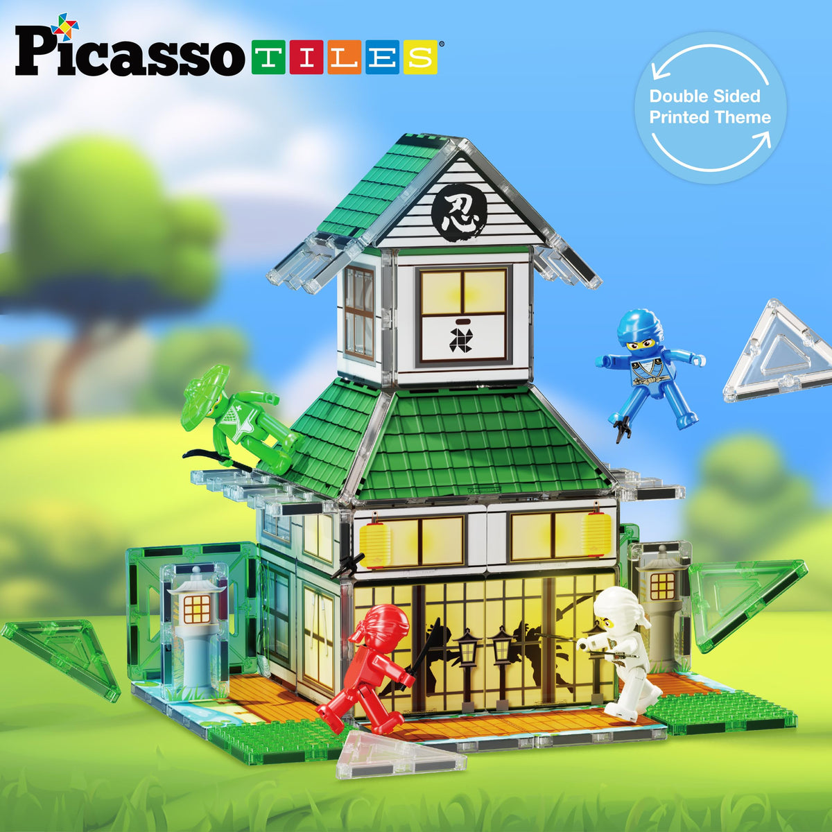 PicassoTiles Magnet Tile Building Blocks Ninja Dojo House Theme STEM Playset with 4 Character Action Figure Ninjas Weapon Accessories Magnetic Tiles