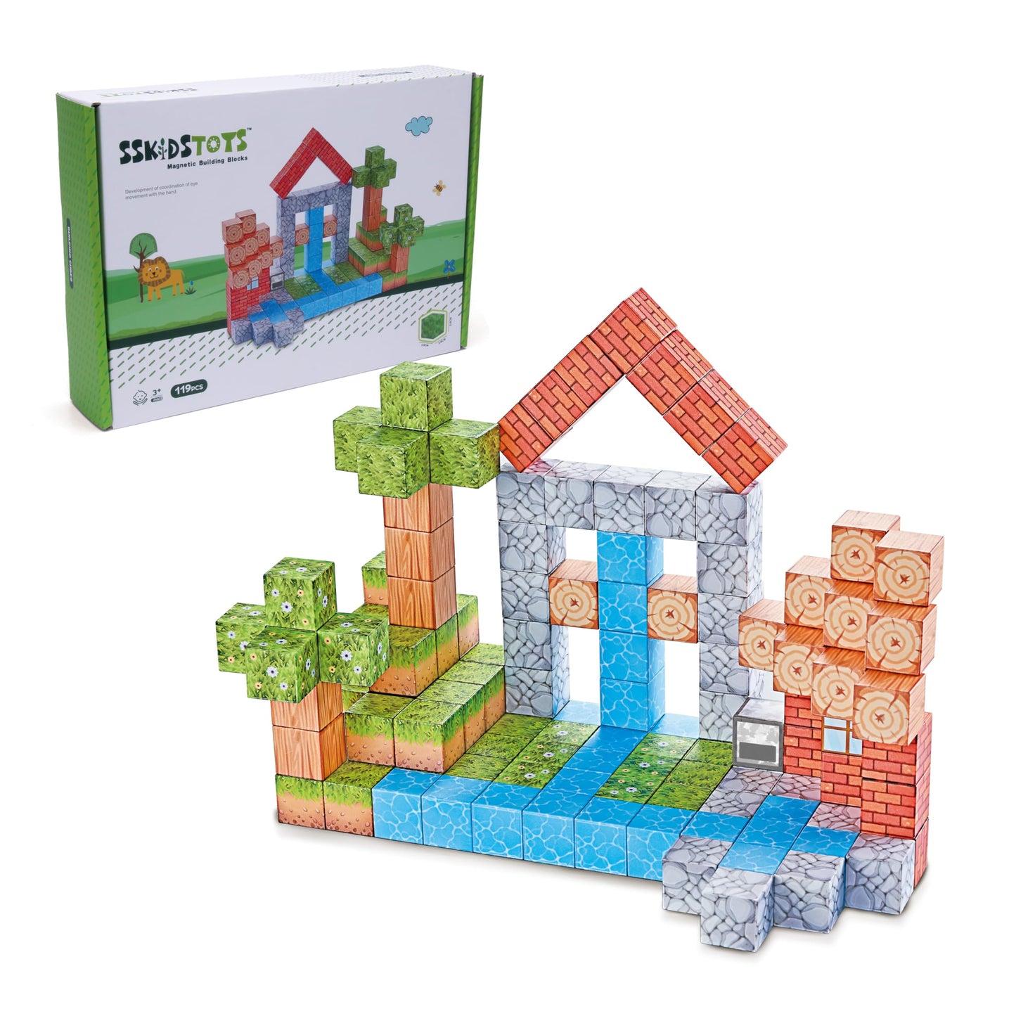 SSKIDSTOYS 119PCS 1 in Big Size Magnetic Building Blocks Set, Magnetic Tiles Kids Build Cubes STEM Game Toys, Build Forest World Set, Christmas