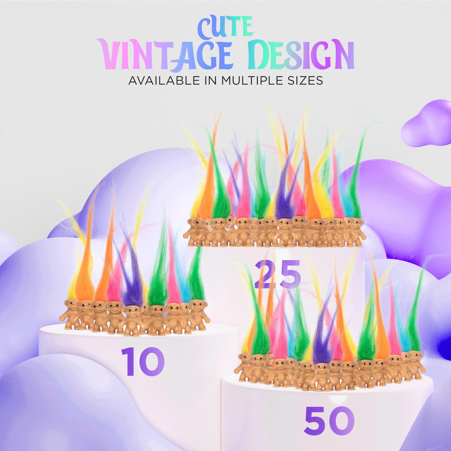 50 Pcs Long-haired Lucky Mini Troll Dolls, Assorted Hair Colors, 0.78" Bodies, 2" Hair. Cake Toppers, Action Figures, School Project, Arts and Crafts