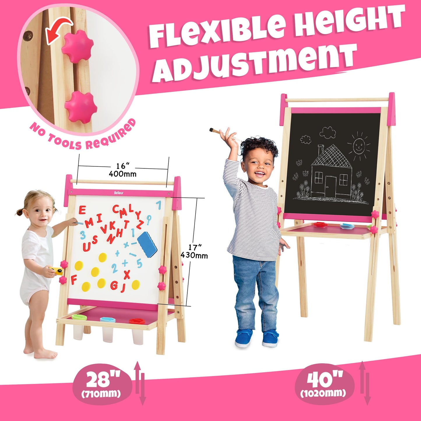 Belleur Wooden Art Easel for Kids 2+, Adjustable Double Sided Easel for Toddlers with Dry-Erase Board & Magnetic Whiteboard & Paper Roll Rod, 28"-40"