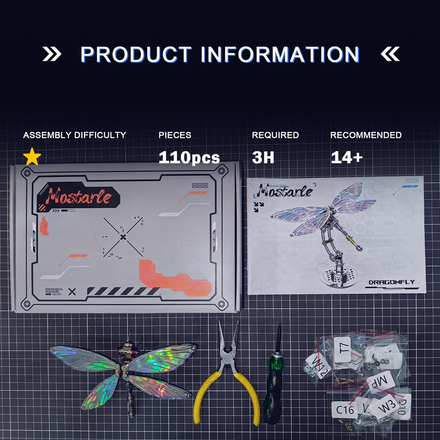 Arcynix Mostarle Cyberpunk Dragonfly 3D Metal Puzzle, DIY Mechanical Model Kit for Teens & Adults, Color-Shifting Electroplated Wings, Adjustable