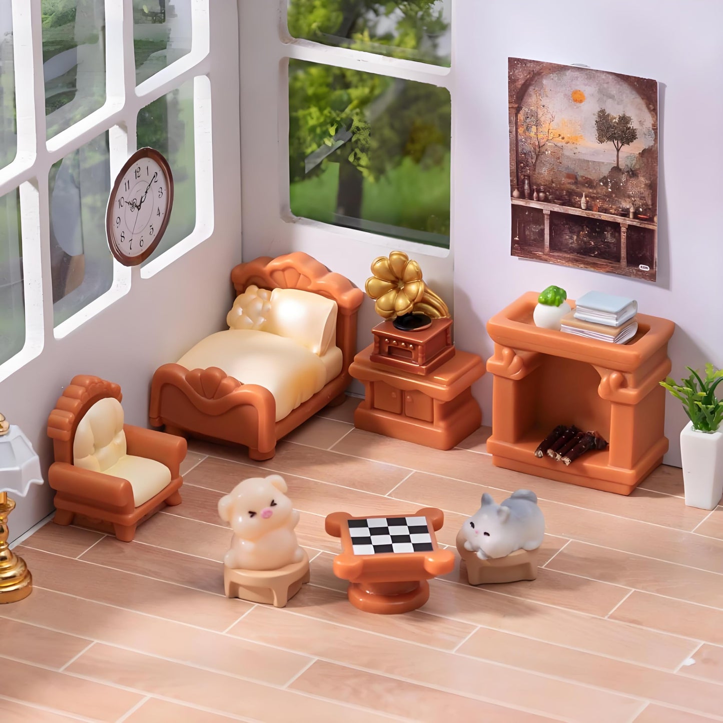 5-Piece Brown Dollhouse Furniture Kit - DIY Decoration Accessories Set, Living Room, Bedroom Furniture (Bed, Sofa, Record Player, Fireplace