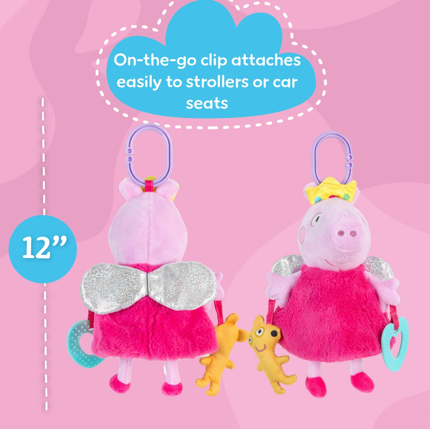 Kids Preferred Peppa Pig Activity Toy - 8.5 Inches, Fairy Wings, Heart Teether, On-The-Go Clip, Sensory Toy, Rattle, Crinkle, Ages 0 Months Up