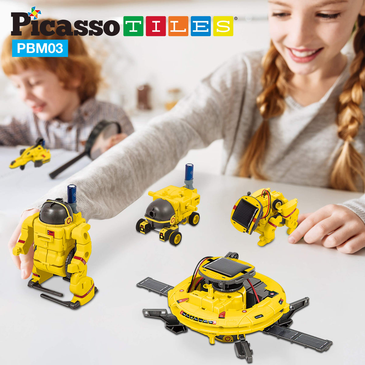 PicassoTiles STEM Kids Solar Powered Space Robot Educational Learning Engineering Building Toy 6-in-1 Creative Unique Transformation Renewable Sun