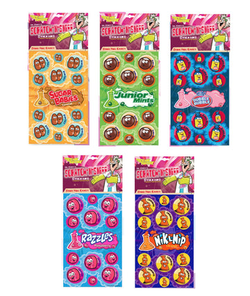 Just For Laughs Dr. Stinky's Scratch N Sniff Stickers 5-Pack, Sugar Babies, Junior Mints, Dubble Bubble, Razzles Raspberry, Nik-L-Nip Orange