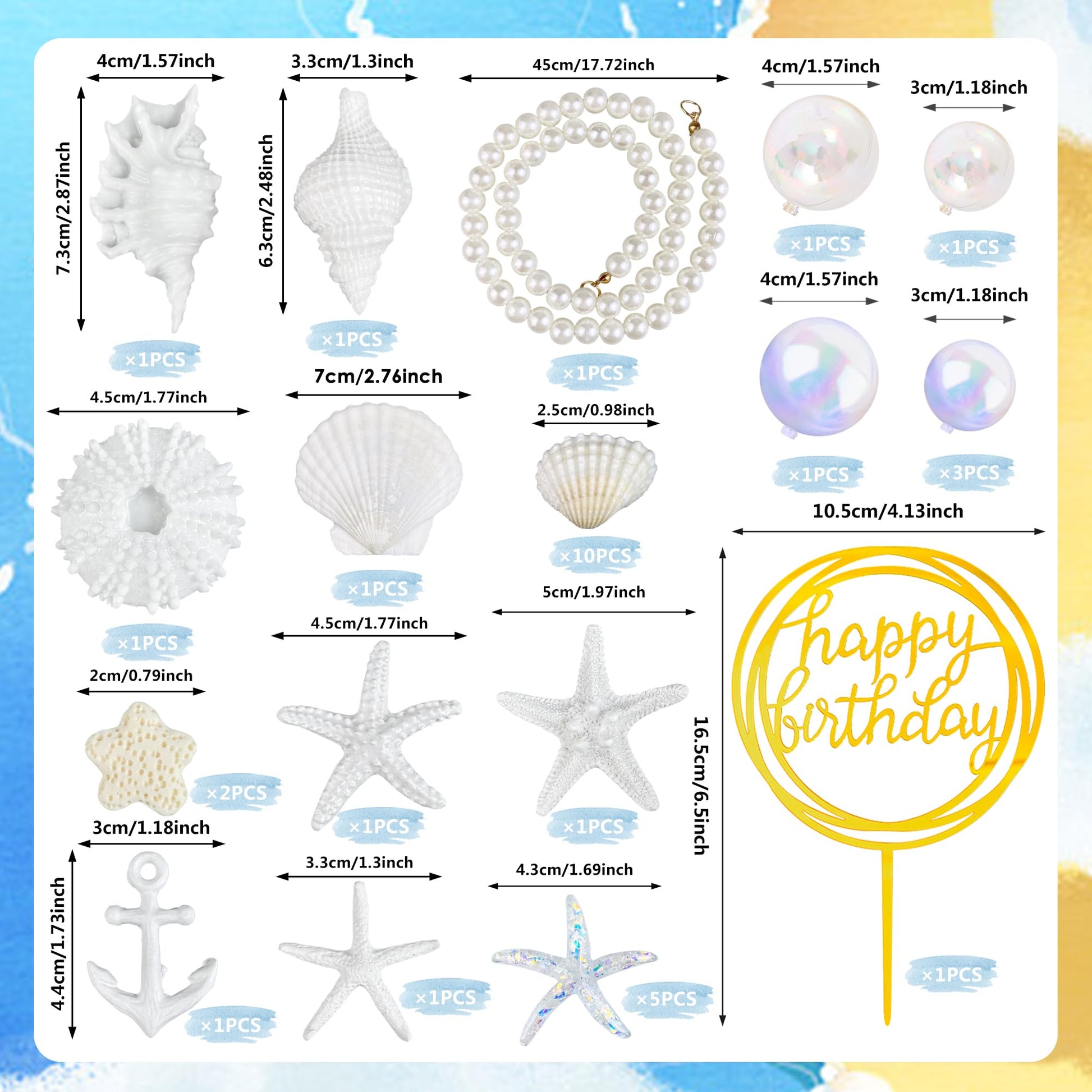 33PCS Shells Cake Toppers Beach Theme Wedding Birthday Cake Decorations Artificial Starfish for Summer Hawaiian Party