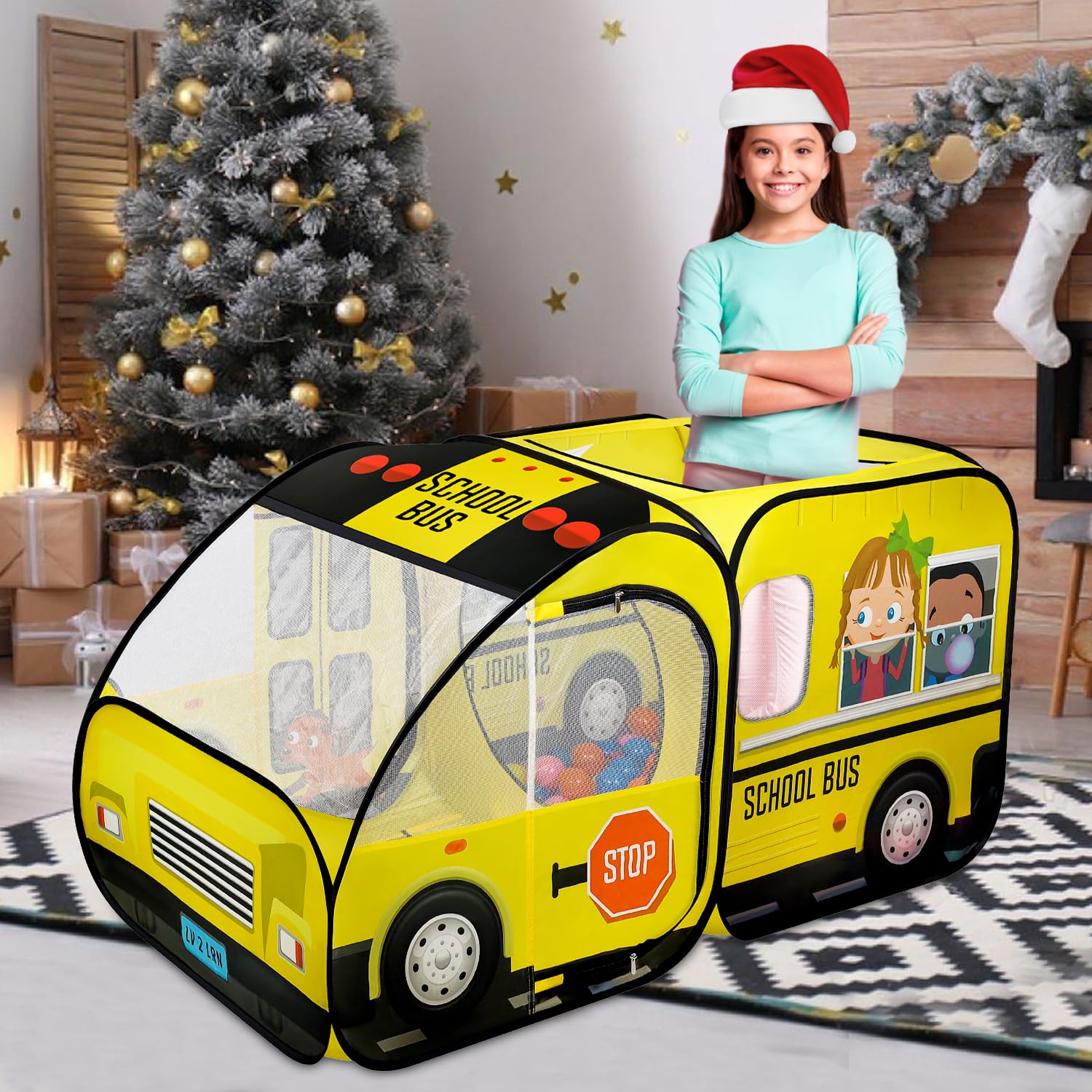 School Bus Pop-Up Kids Tent with Sound Play Button, Ball Pit for Toddler & Up - Easy Setup Tent for Indoor & Outdoor, Daycare Playground Activities