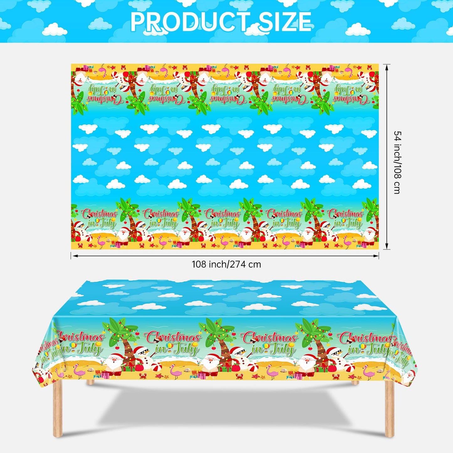 3 Pcs Christmas in July Tablecloth - Summer Christmas Table Cloth, Disposable Plastic Rectangle Blue Table Cover for hawaiian Beach Xmas Decorations