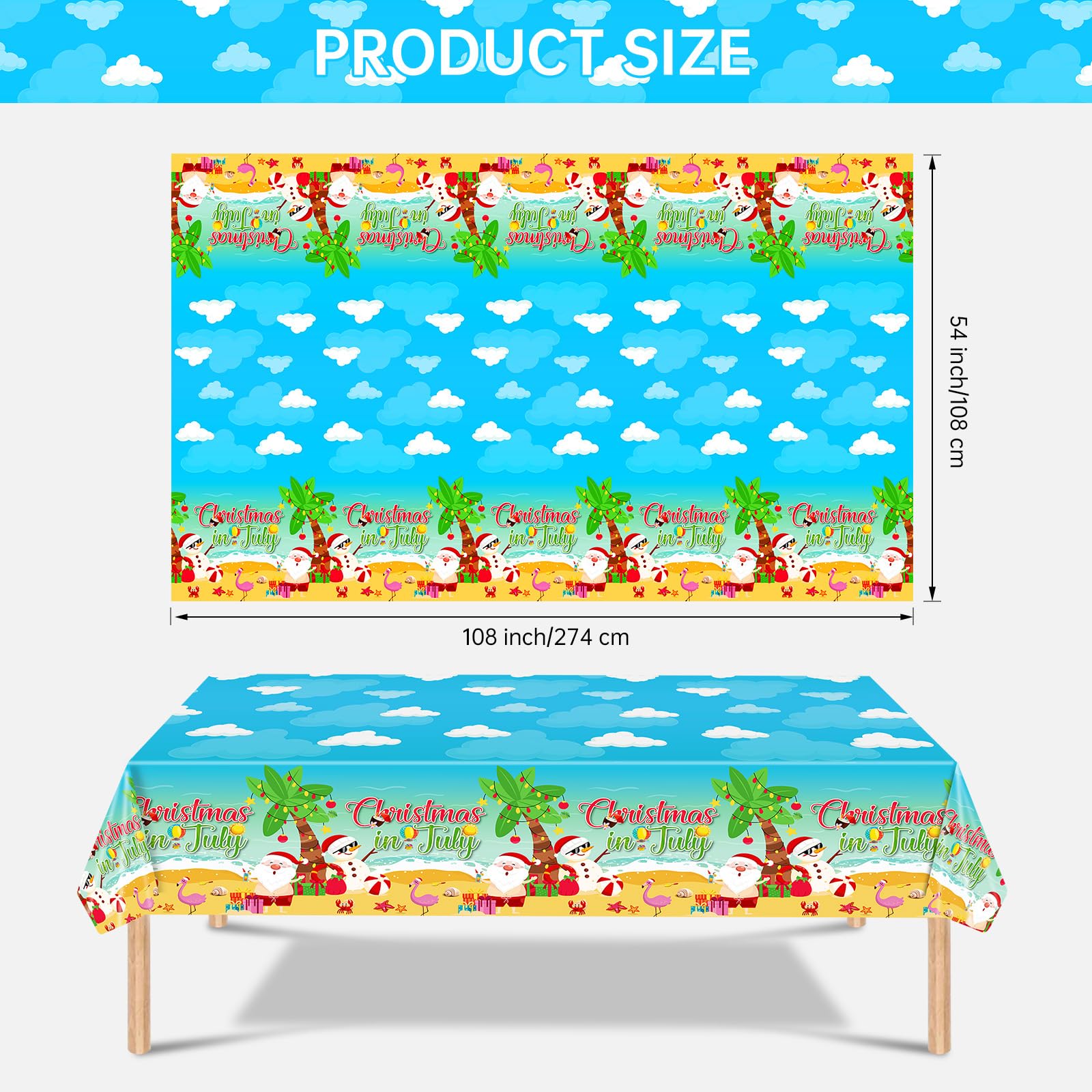 3 Pcs Christmas in July Tablecloth - Summer Christmas Table Cloth, Disposable Plastic Rectangle Blue Table Cover for hawaiian Beach Xmas Decorations