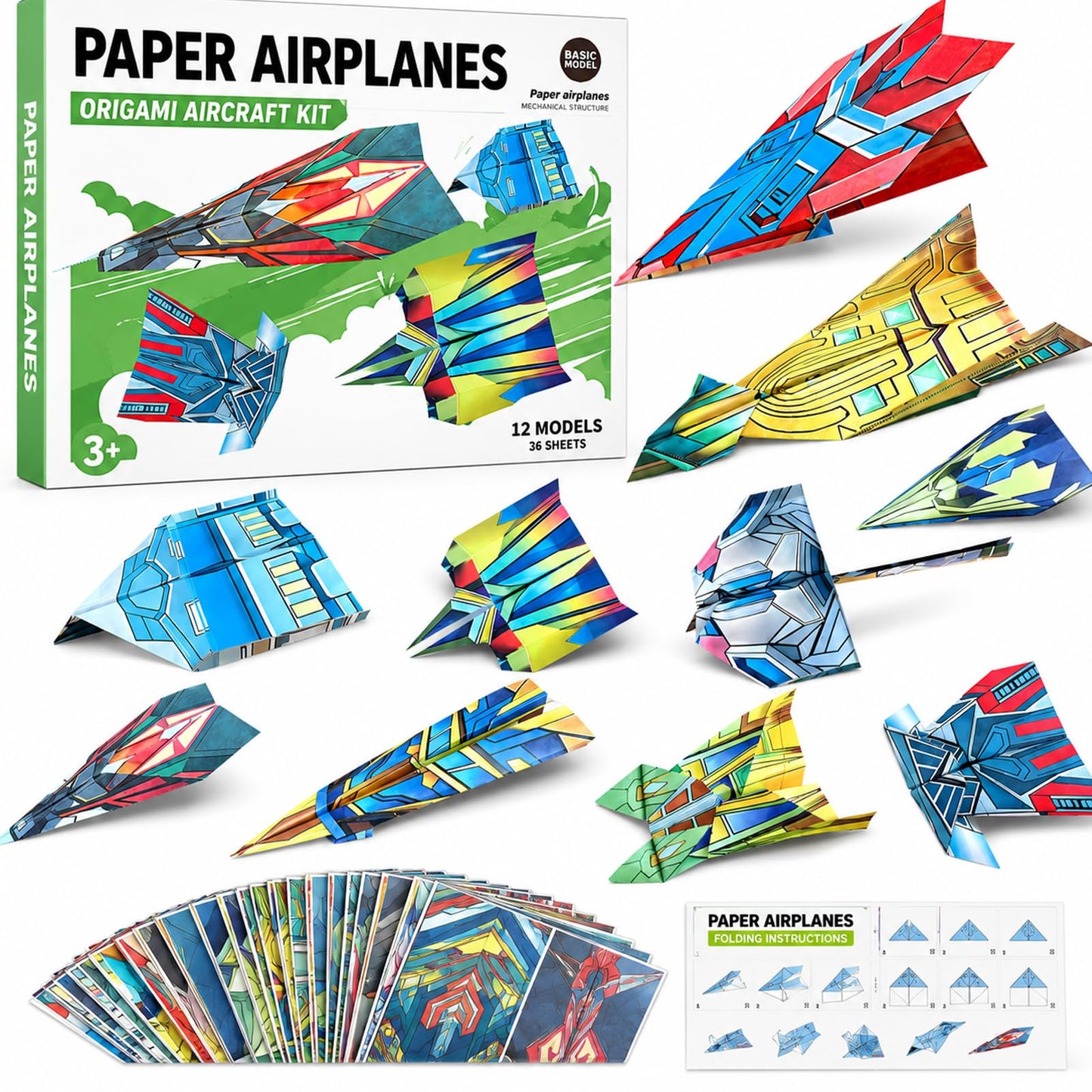 Vexorith Paper Airplane Kit for Kids Ages 8-12, 5-8 - 36 Designer Origami Papers with 12 Flying Plane Styles, STEM Craft & Educational Toy Gift