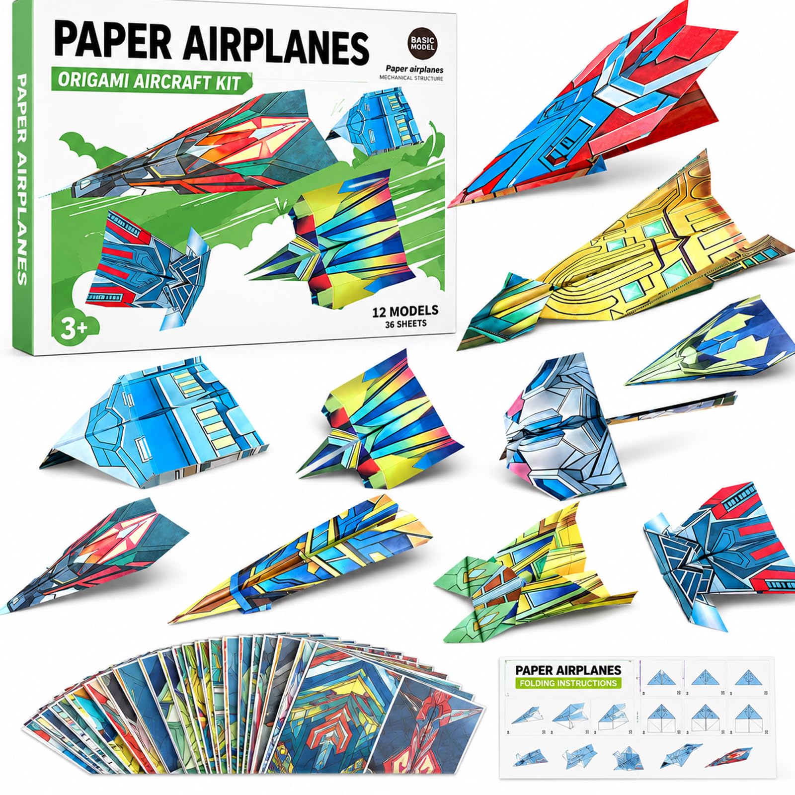 Vexorith Paper Airplane Kit for Kids Ages 8-12, 5-8 - 36 Designer Origami Papers with 12 Flying Plane Styles, STEM Craft & Educational Toy Gift