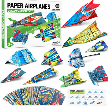 Vexorith Paper Airplane Kit for Kids Ages 8-12, 5-8 - 36 Designer Origami Papers with 12 Flying Plane Styles, STEM Craft & Educational Toy Gift