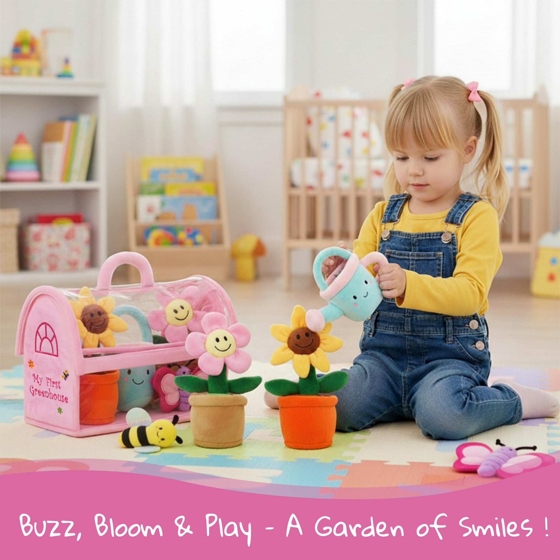 June Garden My First Greenhouse Plush Playset - 5 Pcs Interactive Soft Toy Set with Flowers, Bee, Butterfly & Watering Can - Pretend Play Educational