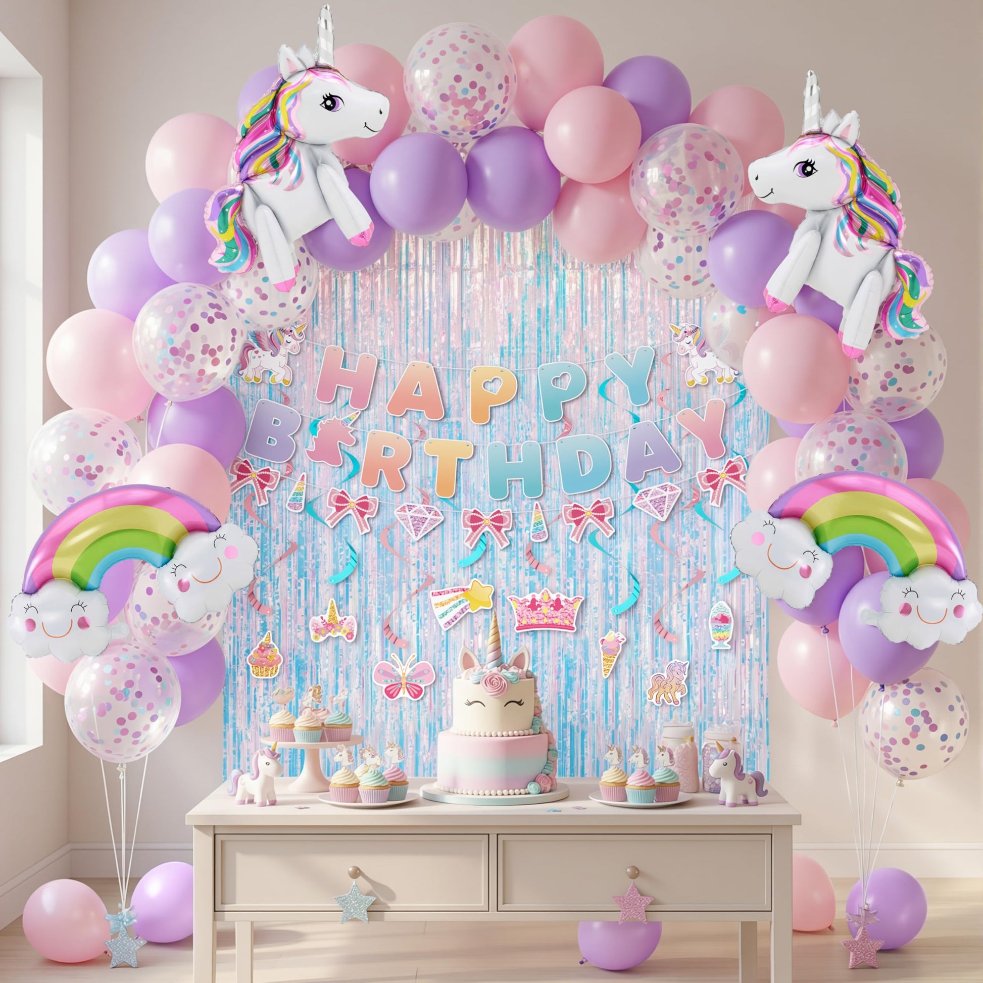 JOYIN Unicorn Magical Rainbow Birthday Party Decorations, 76PCS Unicorn Party Supplies with Banner, Foil & Latex Balloons, Spiral Swirls and Tinsel