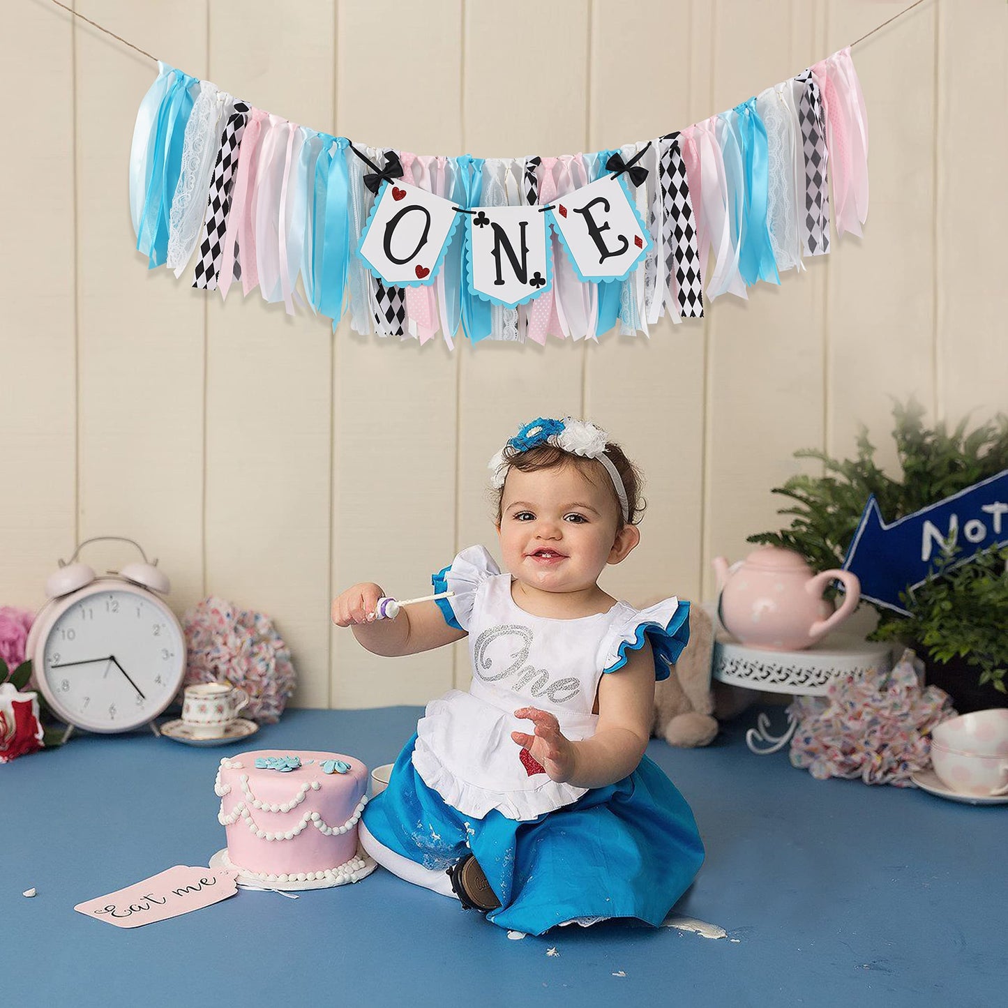 LINLULU Alice in Wonderland Highchair Banner, 1st Birthday Girl Decoration, Blue, 80 inches x 8.75 inches