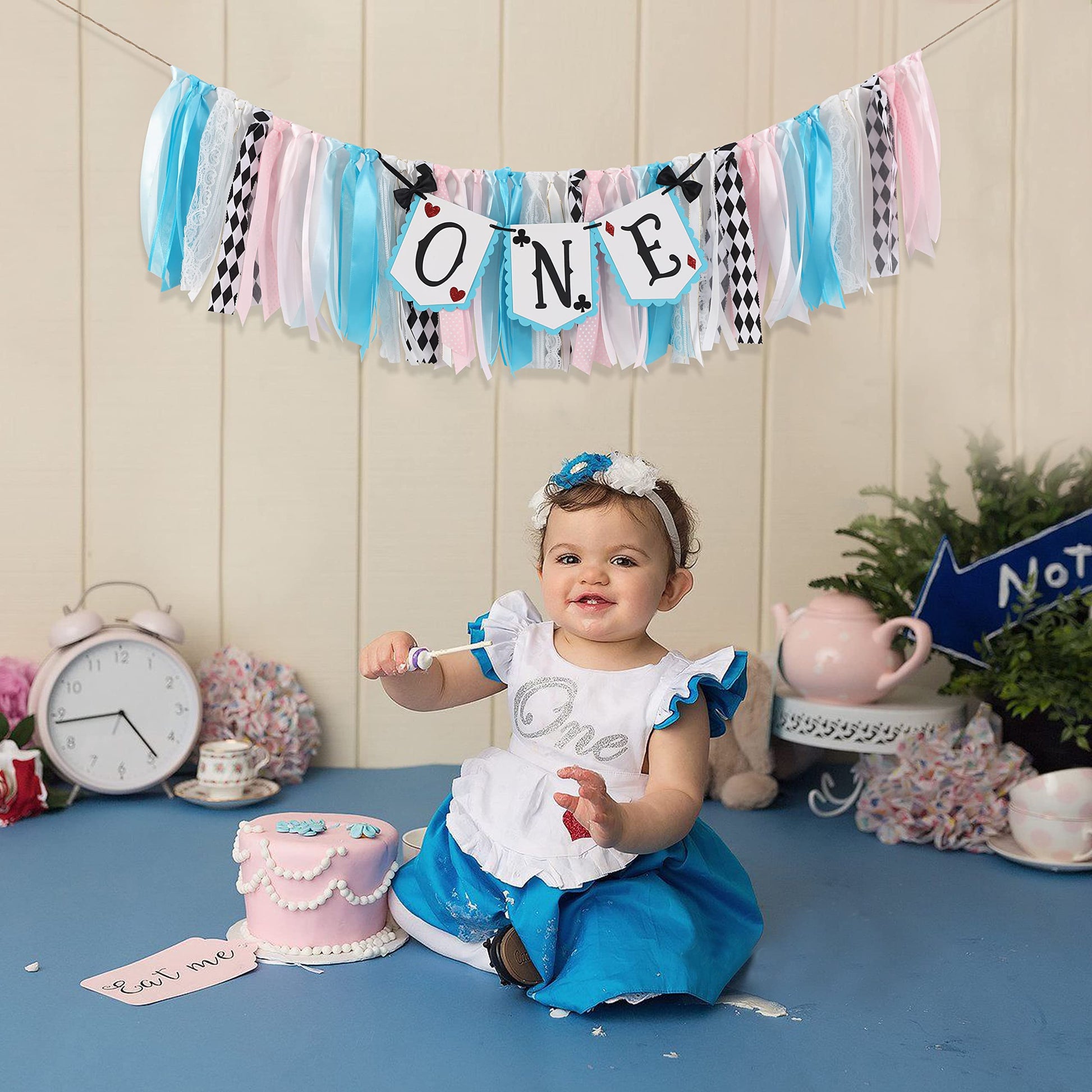 LINLULU Alice in Wonderland Highchair Banner, 1st Birthday Girl Decoration, Blue, 80 inches x 8.75 inches