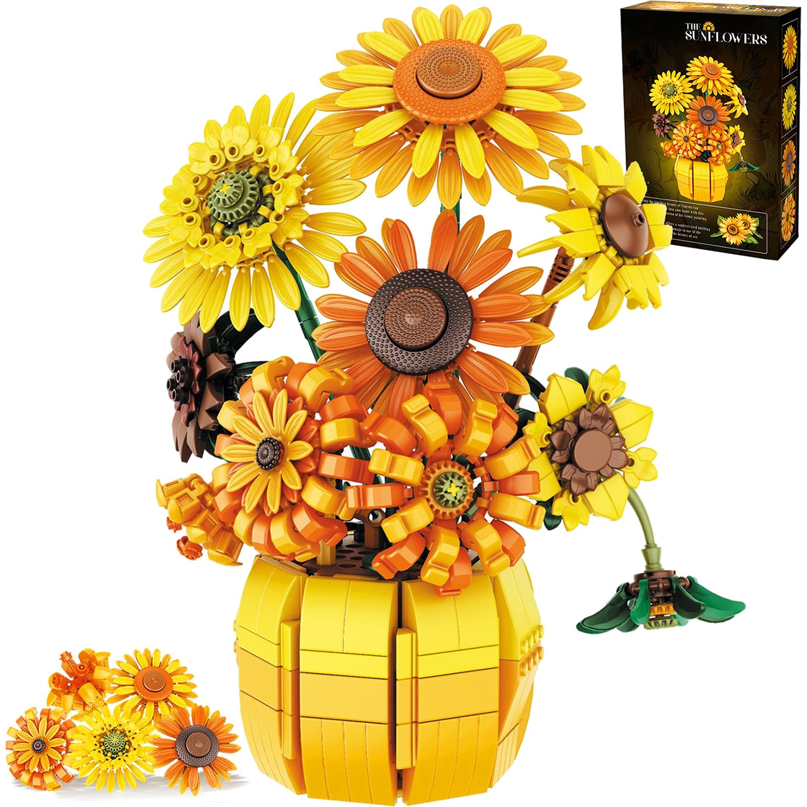 EMANNON Flowers Building Set for Adults - Sunflowers Building Blocks with Vase 1009PCS, Artificial Flowers Botanical Collection Gifts for Christmas