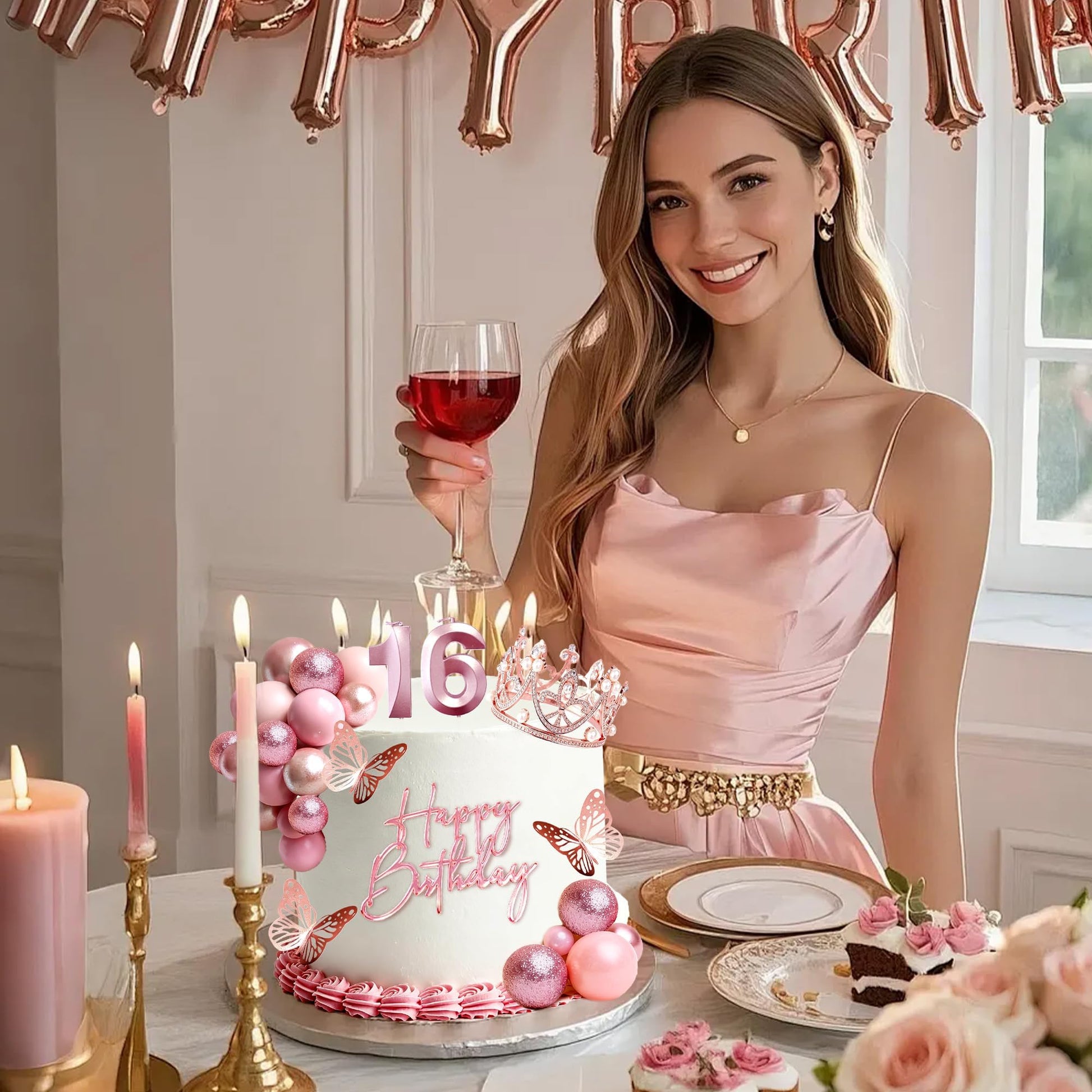 16th Birthday Rose Gold Cake Topper Set Sweet 16 Candles Cake Decorations