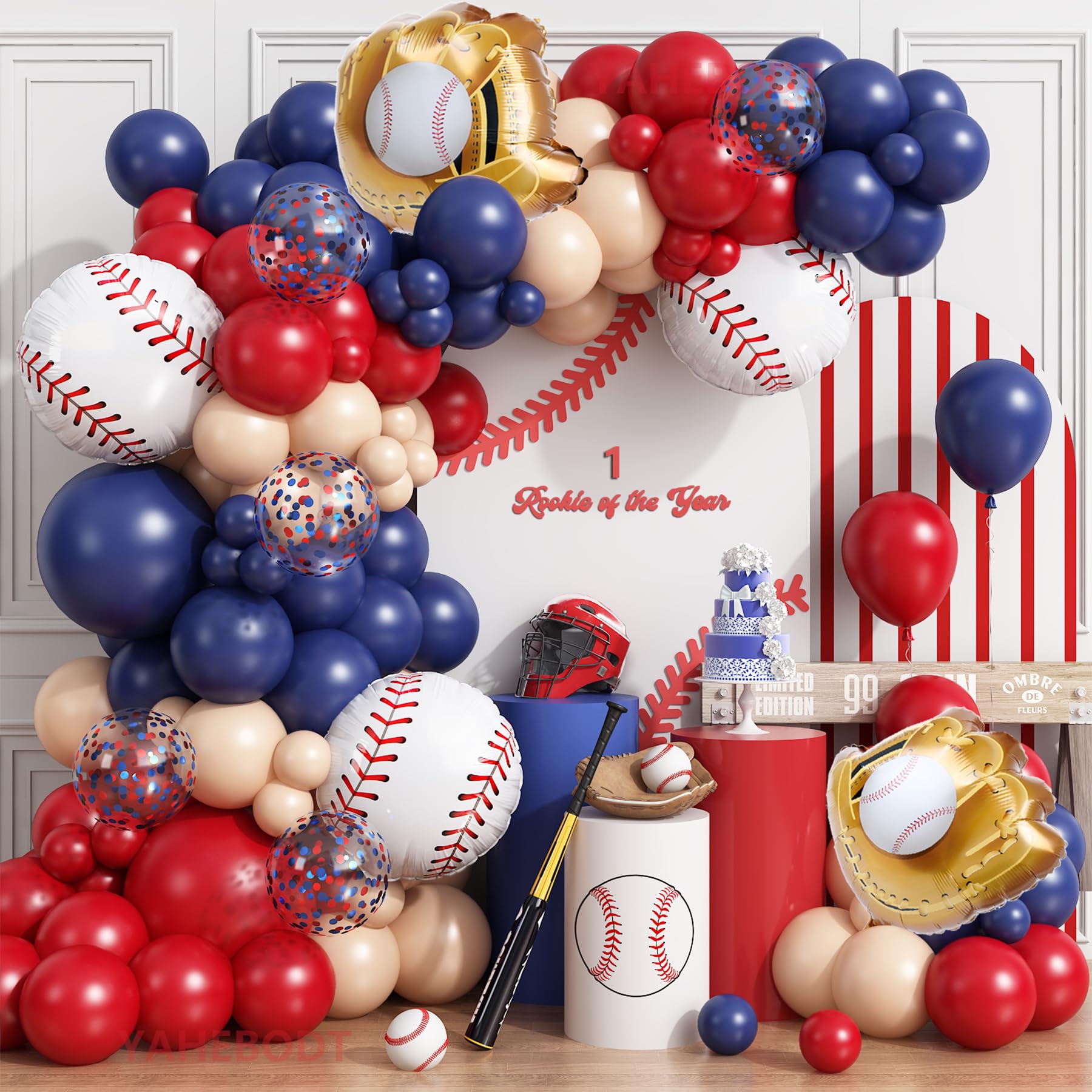 Baseball Balloon Arch Garland Kit,166Pcs Navy Blue Red Nude and Confetti Balloon with Baseball Foil Balloons for Summer Birthdays Party,Sports Theme
