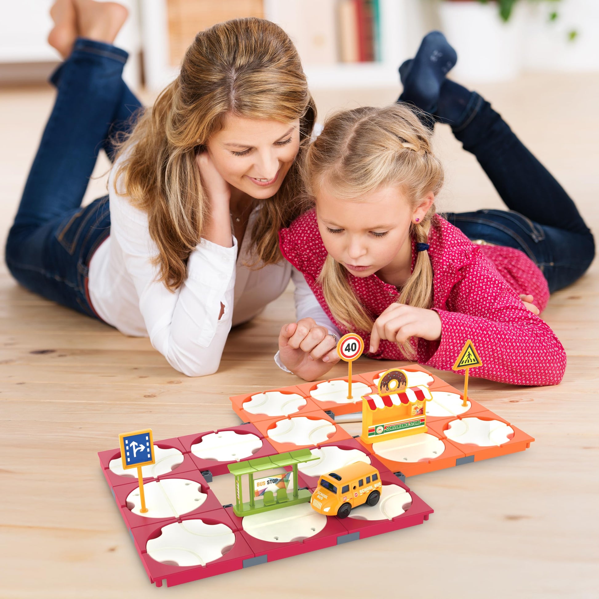 Everplay 60PC Race Car Track Builder Building Blocks Playset Reversible Racing Tracks School Bus & Accessories Educational STEM Development Creative