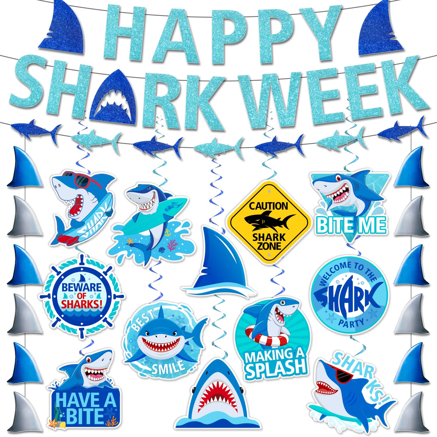 Happy Week of Sharks Birthday Decorations Include 3 Happy Shark Banner,12 Double-side Hanging Swirls,2 Shark Fin Hanging Banner,Bite Me Welcome