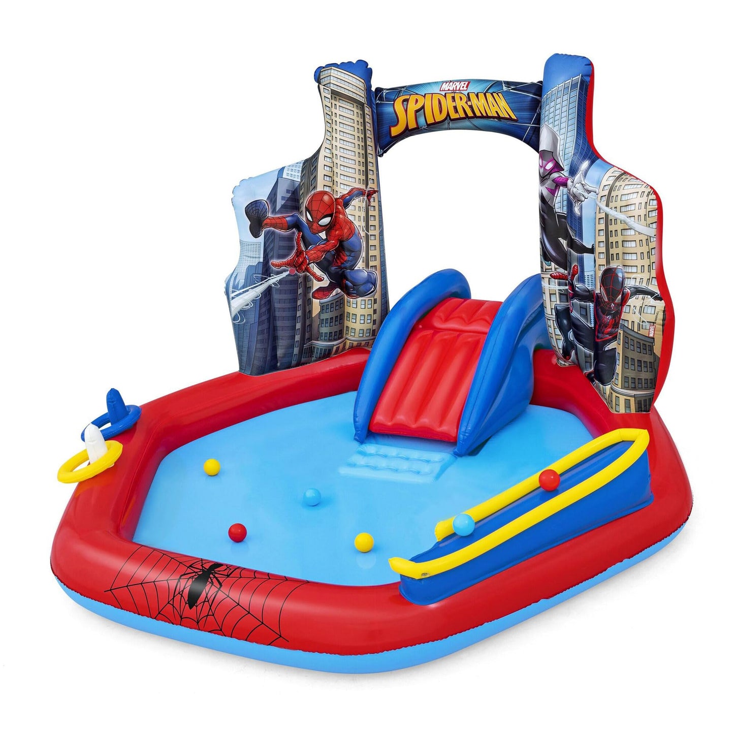 Marvel Spider-Man Inflatable Kids Backyard Water Play Center - Outdoor Sprayer Splash Kiddie Pool with Water Slide Arch, 6 Balls, Ring Toss