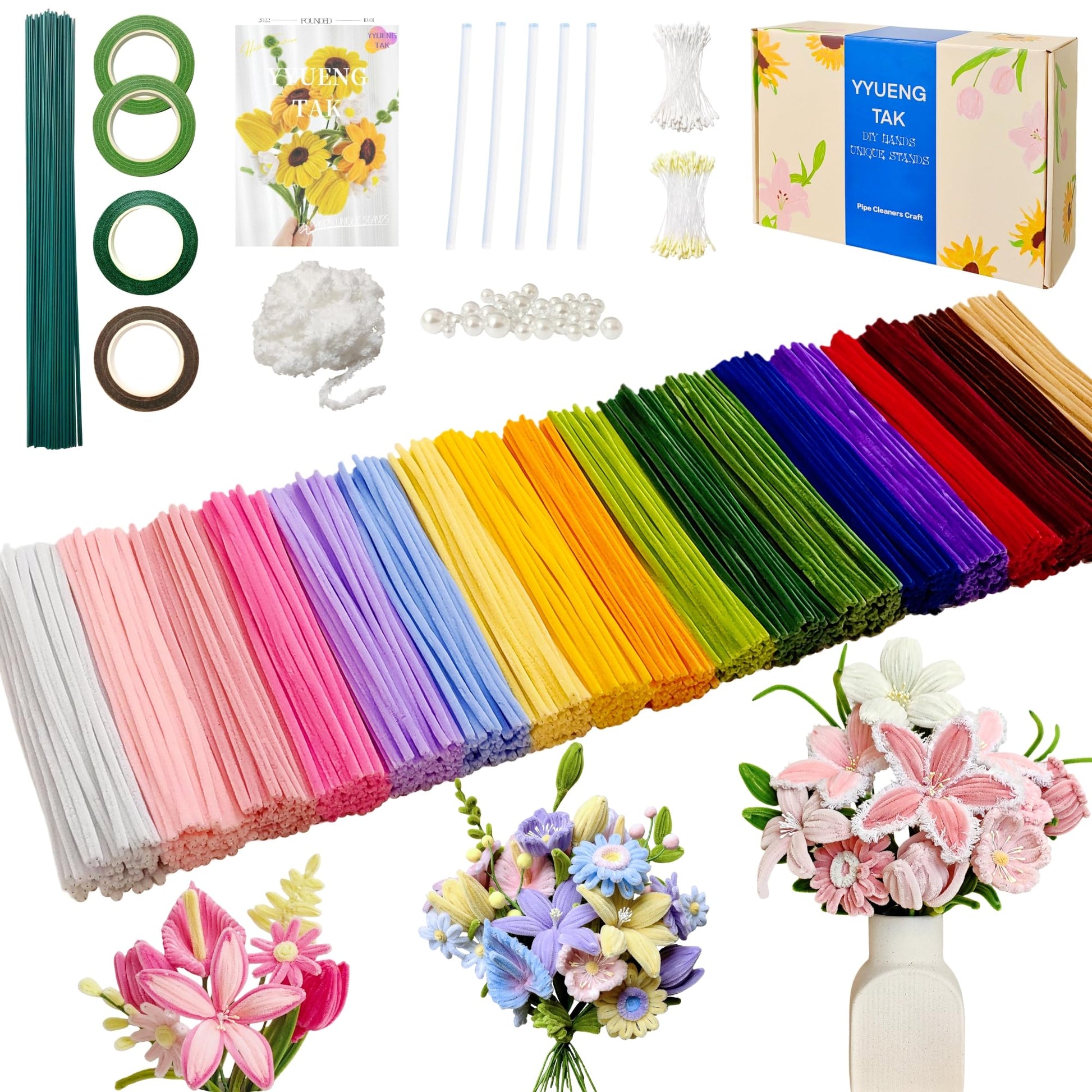 YYUENG TAK 1000 Pcs Pipe Cleaners Flower Kit, 18 Colors Chenille Stems with Complete Accessory Set & Instruction, Pipe Cleaners Craft, Art and Craft
