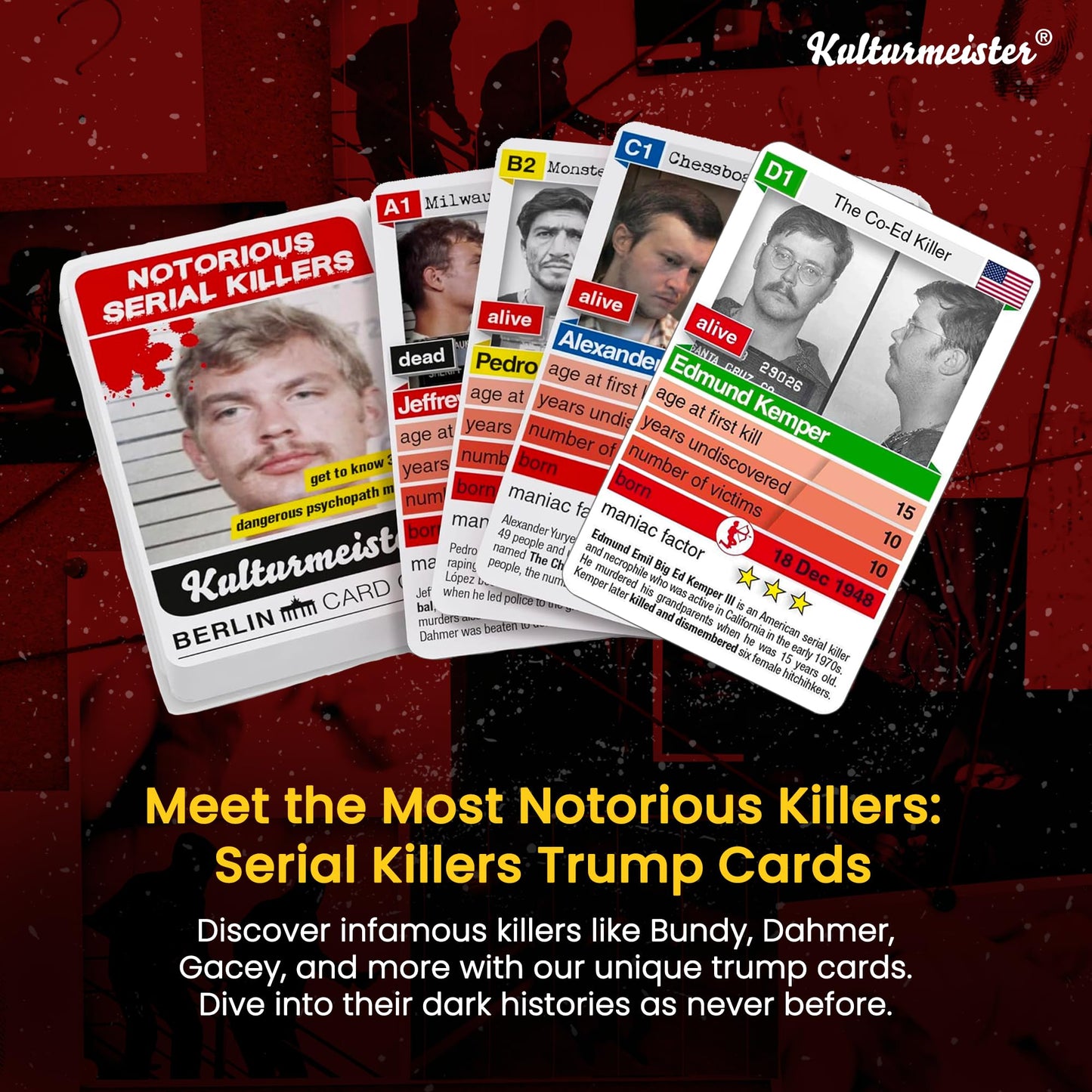 Kulturmeister - Notorious Serial Killers Trump Card Game: Mystery Investigation - Dive into Detective Games with a Serial Killer Theme