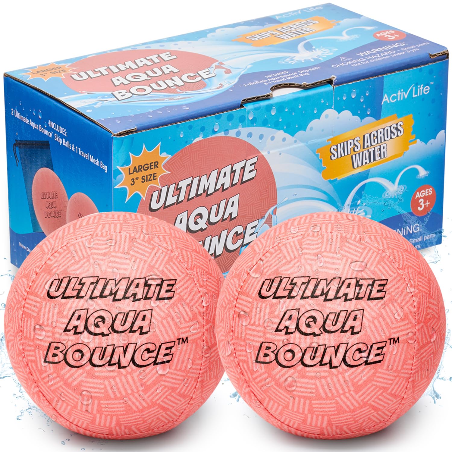 Activ Life Ultimate Dodgeball Large 3” Water Skip Balls (2 Pack) - Aqua Bounce Beach & Pool Toys Birthday Gift for Kids & Teens, Durable Skipping