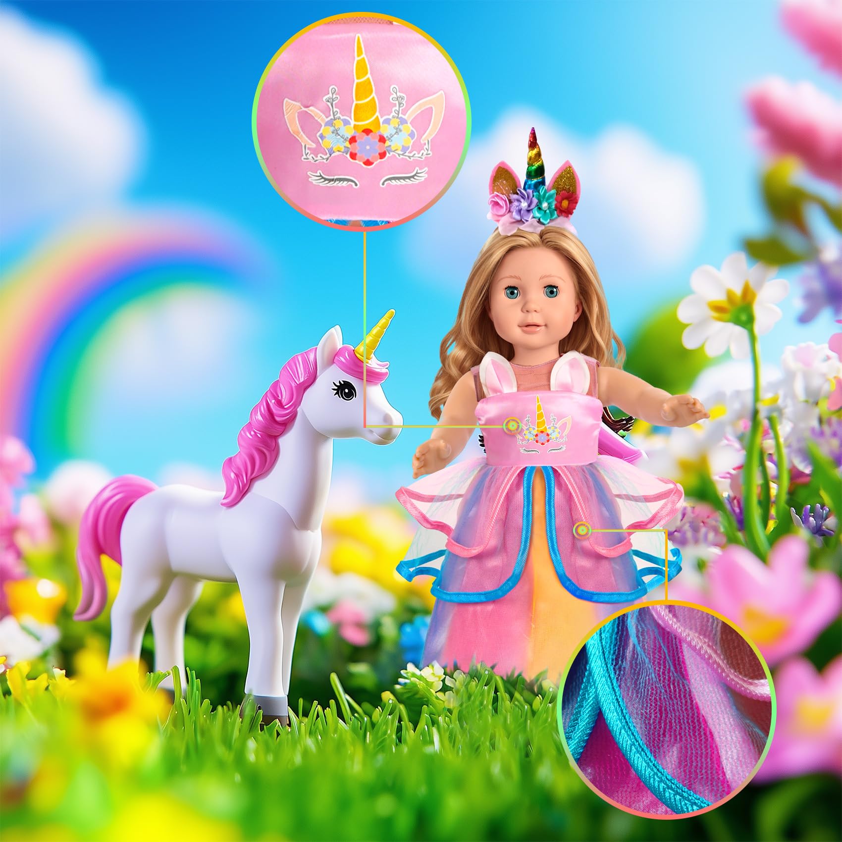 WONDOLL American 2-Sets 18-inch Doll Clothes Set - Amazing Rainbow Unicorn Clothes with Hair Clip and Headband - Compatible with All 18 inch Dolls