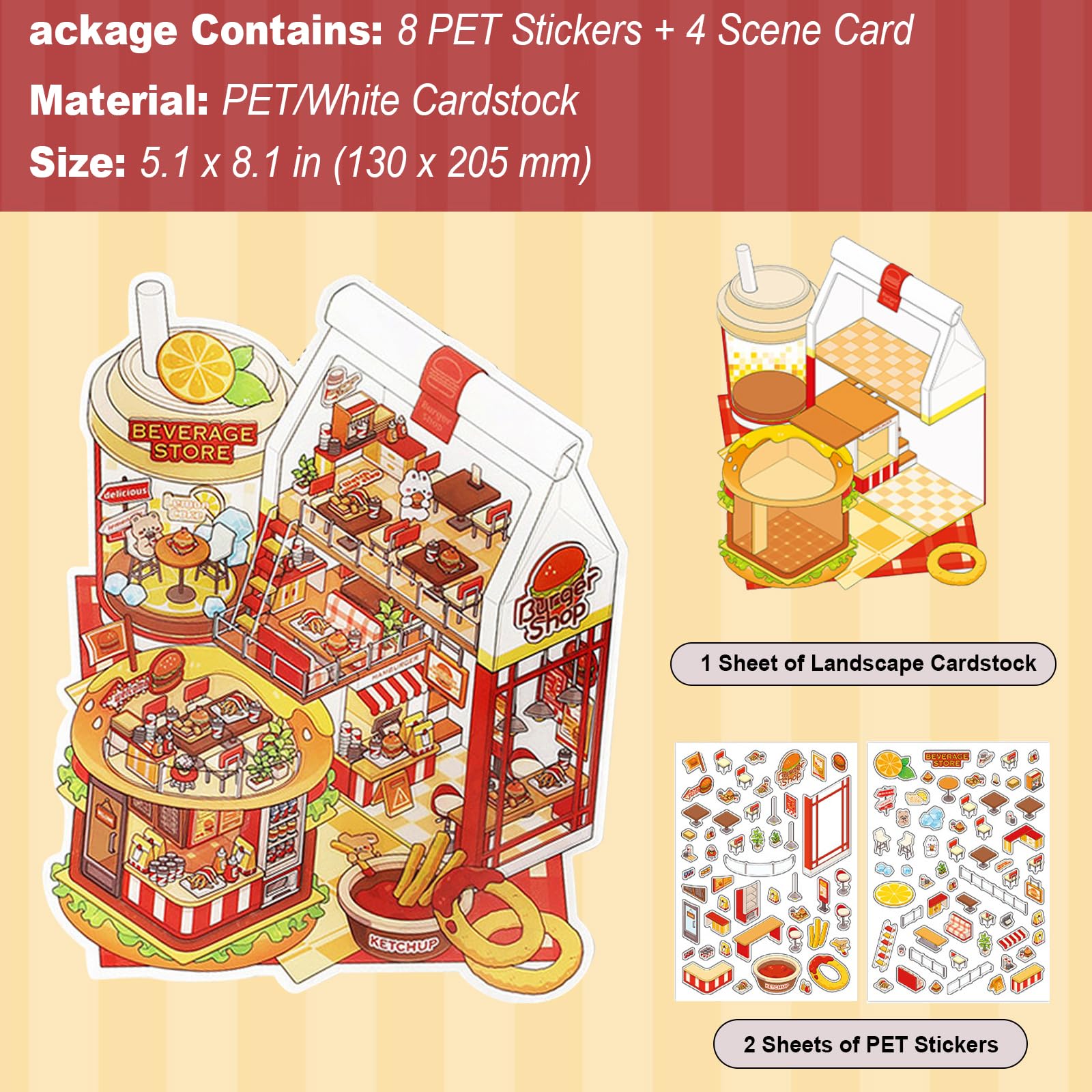 ZSYTZL 4 Sheets 3D DIY Stickers Scene, Cute Miniature Global Food Sticker Waterproof Quiet Book with Tweezers Decorating Phones Handbooks Bottle