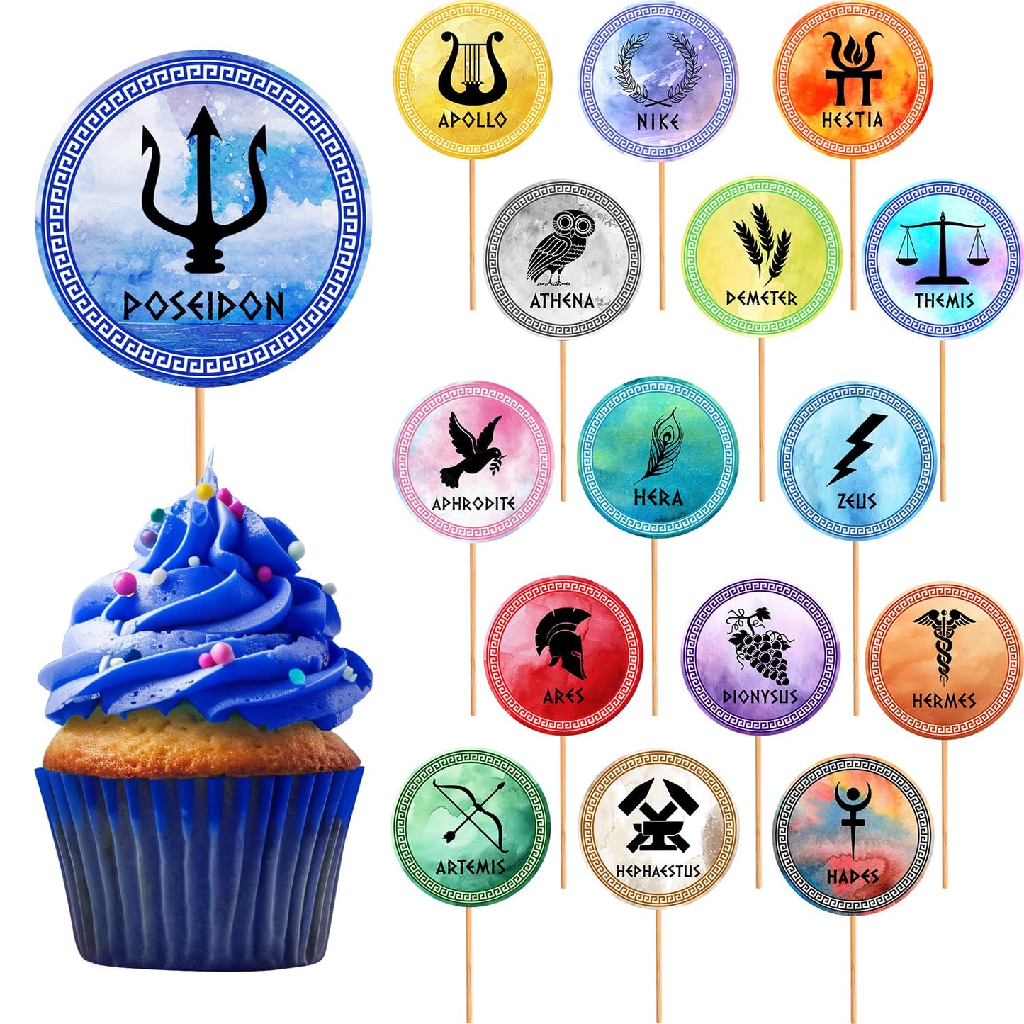 48pcs Greek Mythology Cupcake Toppers, Htabiol Olympians God Cupcake Toppers, Greek Mythology Party Cake Decorations, Suit for Percy Jackson Birthday