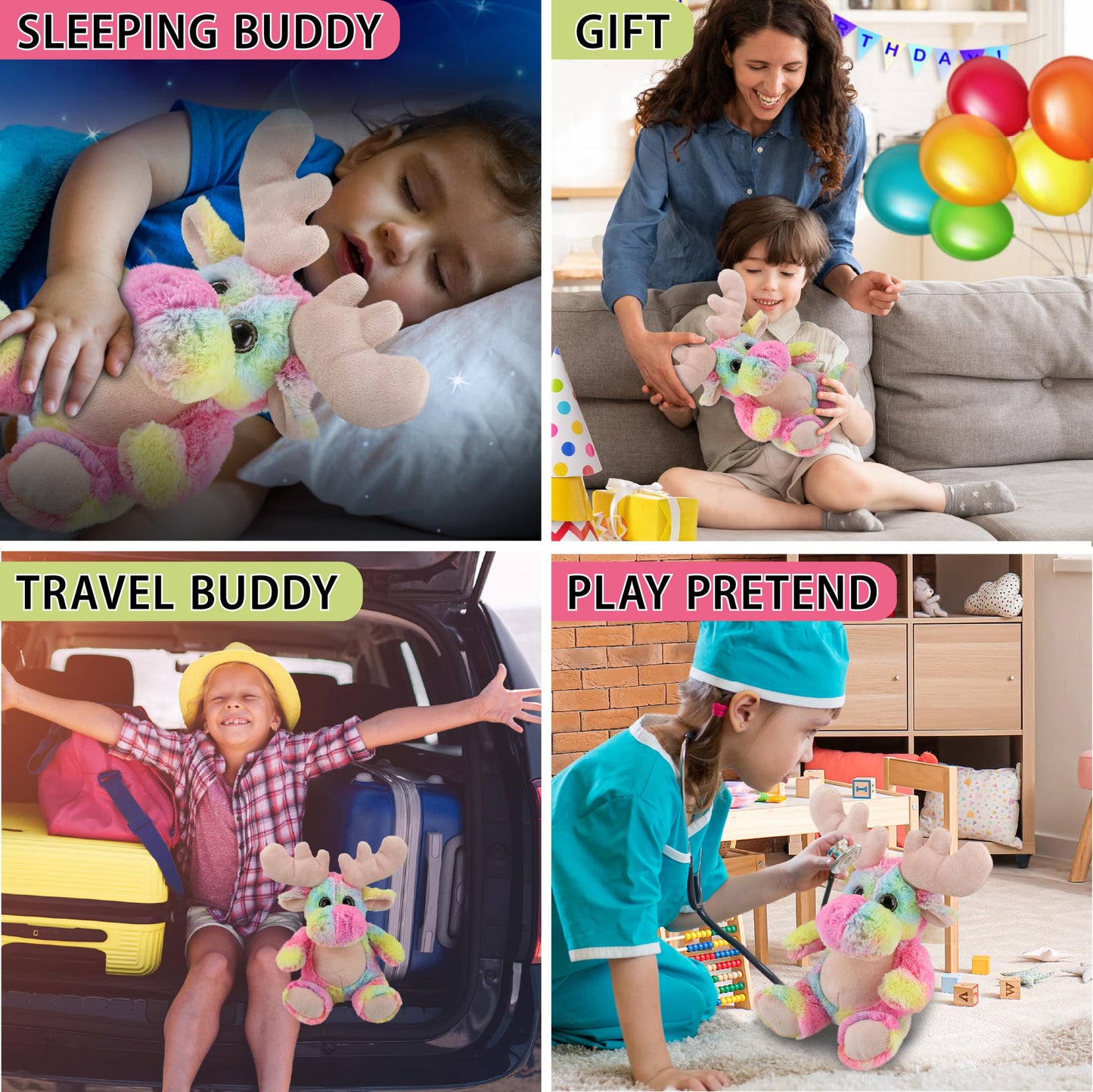 Puzzled DolliBu Rainbow Moose Stuffed Animal - Soft Huggable Moose Stuffed Toy, Adorable Playtime Wildlife Plush Toy, Cute Cuddle Gifts for Kids