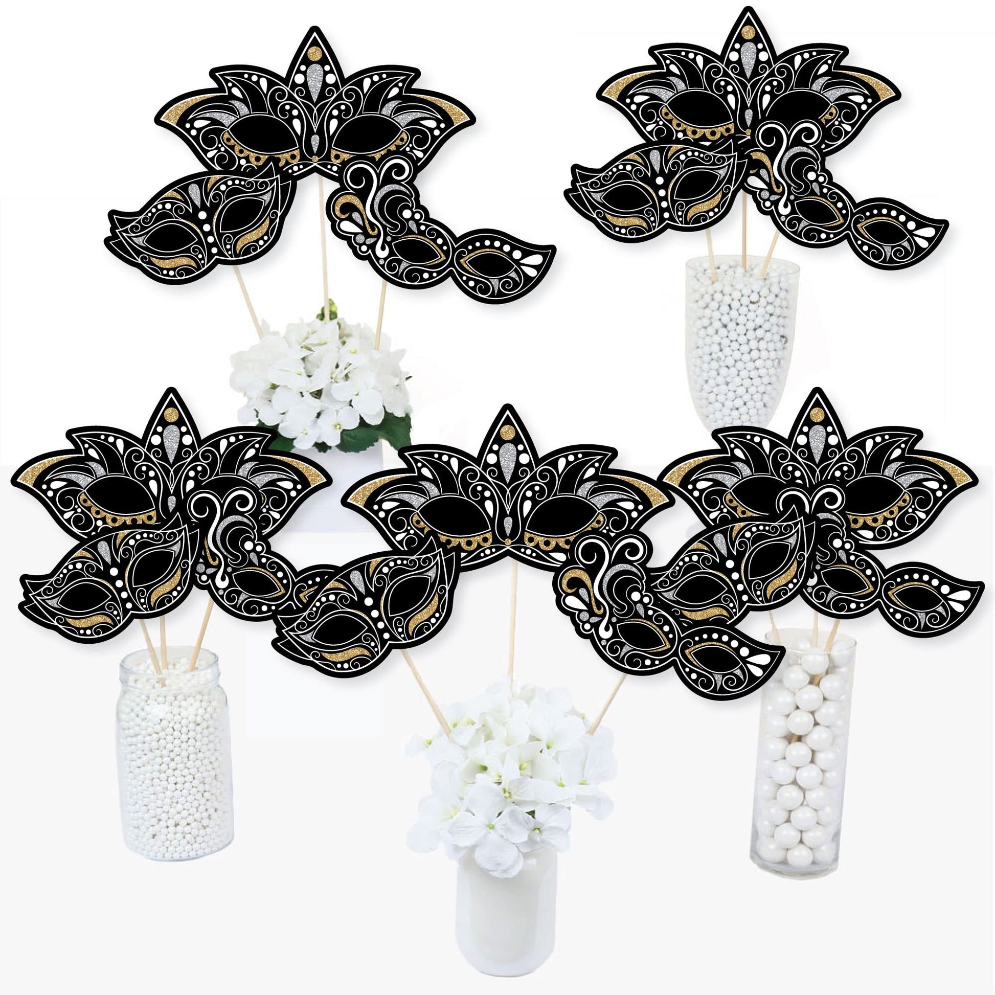 Big Dot of Happiness Masquerade - Venetian Mask Party Centerpiece Sticks - Table Toppers - Set of 15