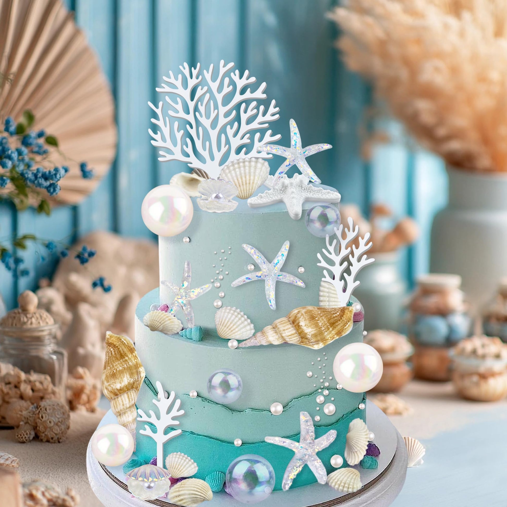 30PCS Starfish Conch Shells Coral Cake Decorations with Ball Beach Themed Ocean Summer Birthday Supplies