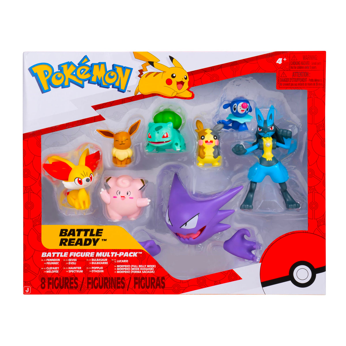 Pokémon Battle Figure Multi-Pack Featuring Lucario, Eevee, Bulbasaur, Haunter, Fennekin, Clefairy, Morpeko, and Popplio