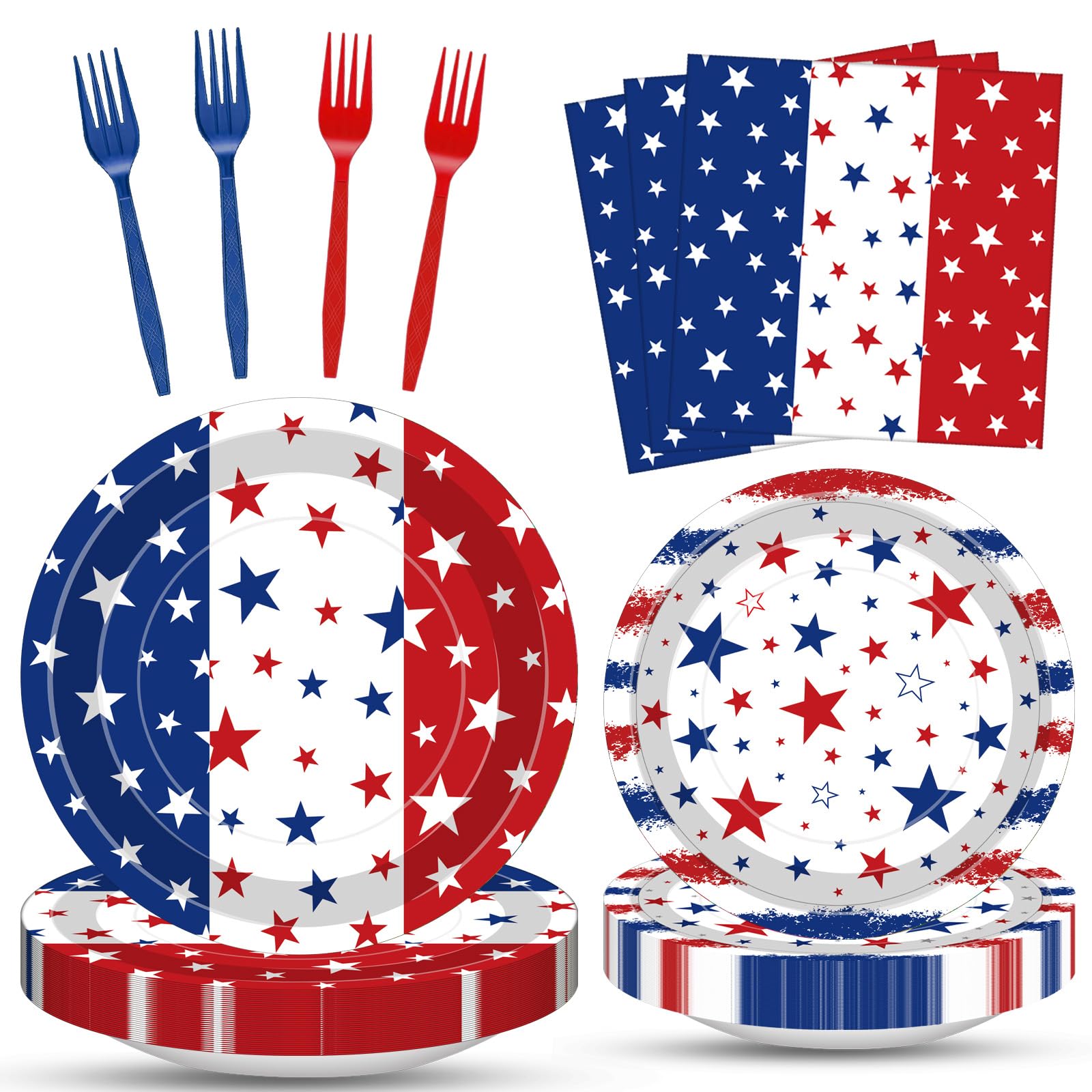 100 Pcs Patriotic Party Supplies Set, Serves 25 - Disposable Red White Blue Star Paper Plates, Napkins, and Forks, American Flag Themed Tableware