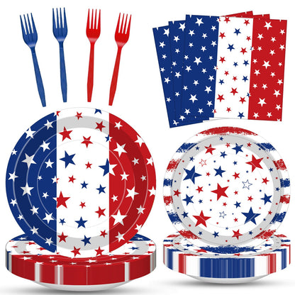 100 Pcs Patriotic Party Supplies Set, Serves 25 - Disposable Red White Blue Star Paper Plates, Napkins, and Forks, American Flag Themed Tableware