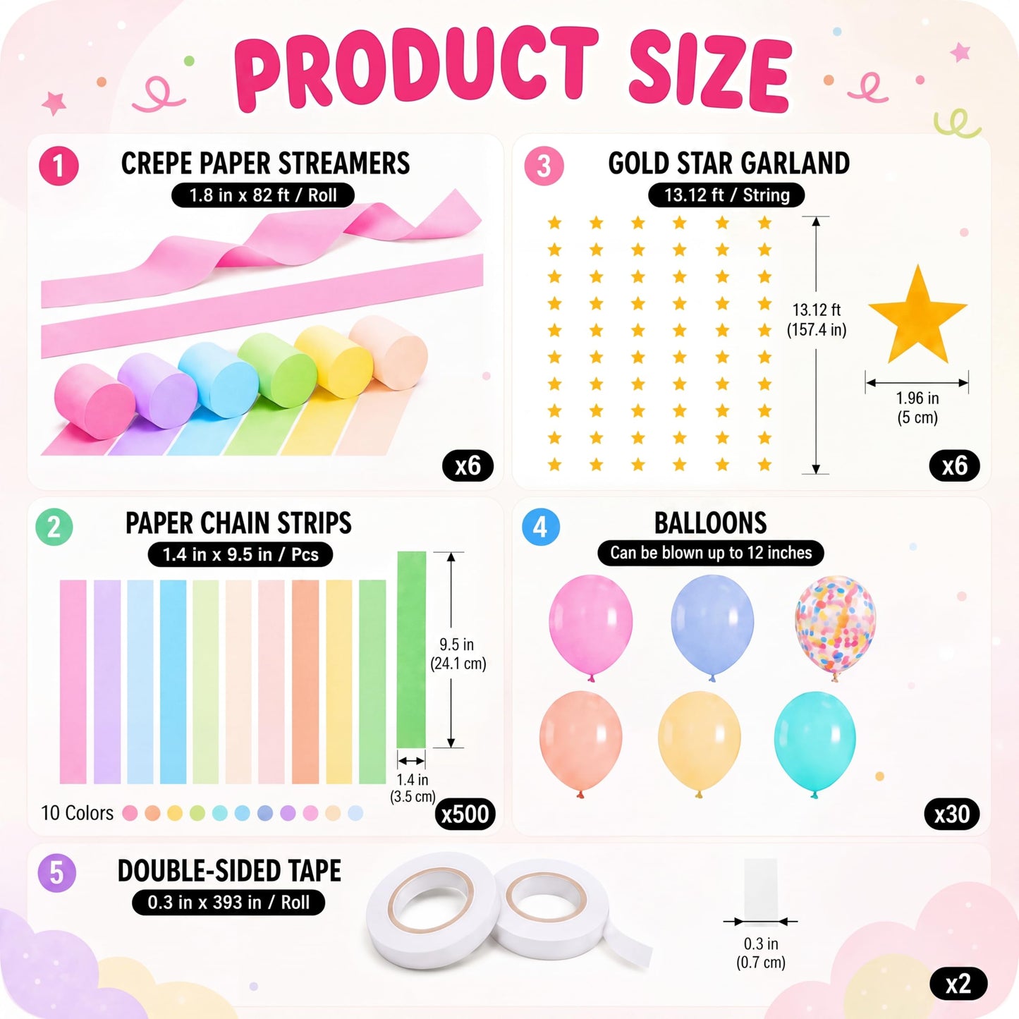 Baudane 542 Pcs Pastel Party Decorations 492 ft Crepe Paper Streamers, 500 Sheets Paper Chains Strips, 79.2ft Gold Star Garlands with 30 Balloons