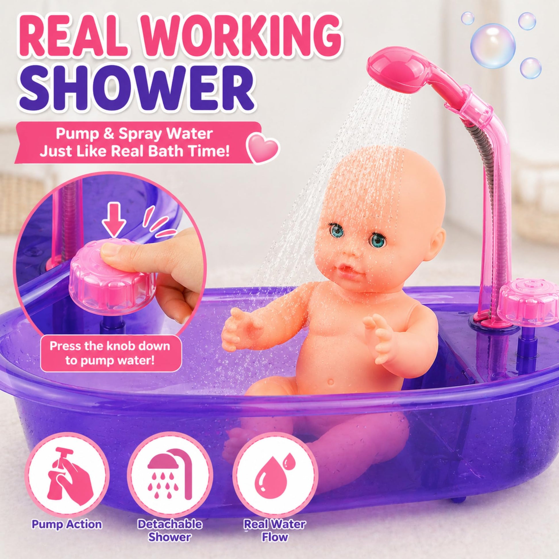 Liberty Imports Baby Bath Toys 13-Inch Little Newborn Doll Bath Set - Real Working Bathtub with Detachable Shower Spray and Accessories for Kids