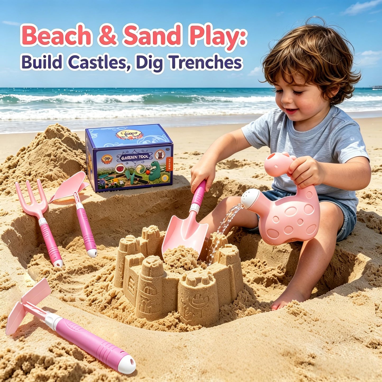 EXBEPE Kids Gardening Tools Set with Watering Can Shovel Pickaxe Hoe Fork- Outdoor Backyard Planting and Sand Beach Toy Kit Planting Sandbox Play Gift