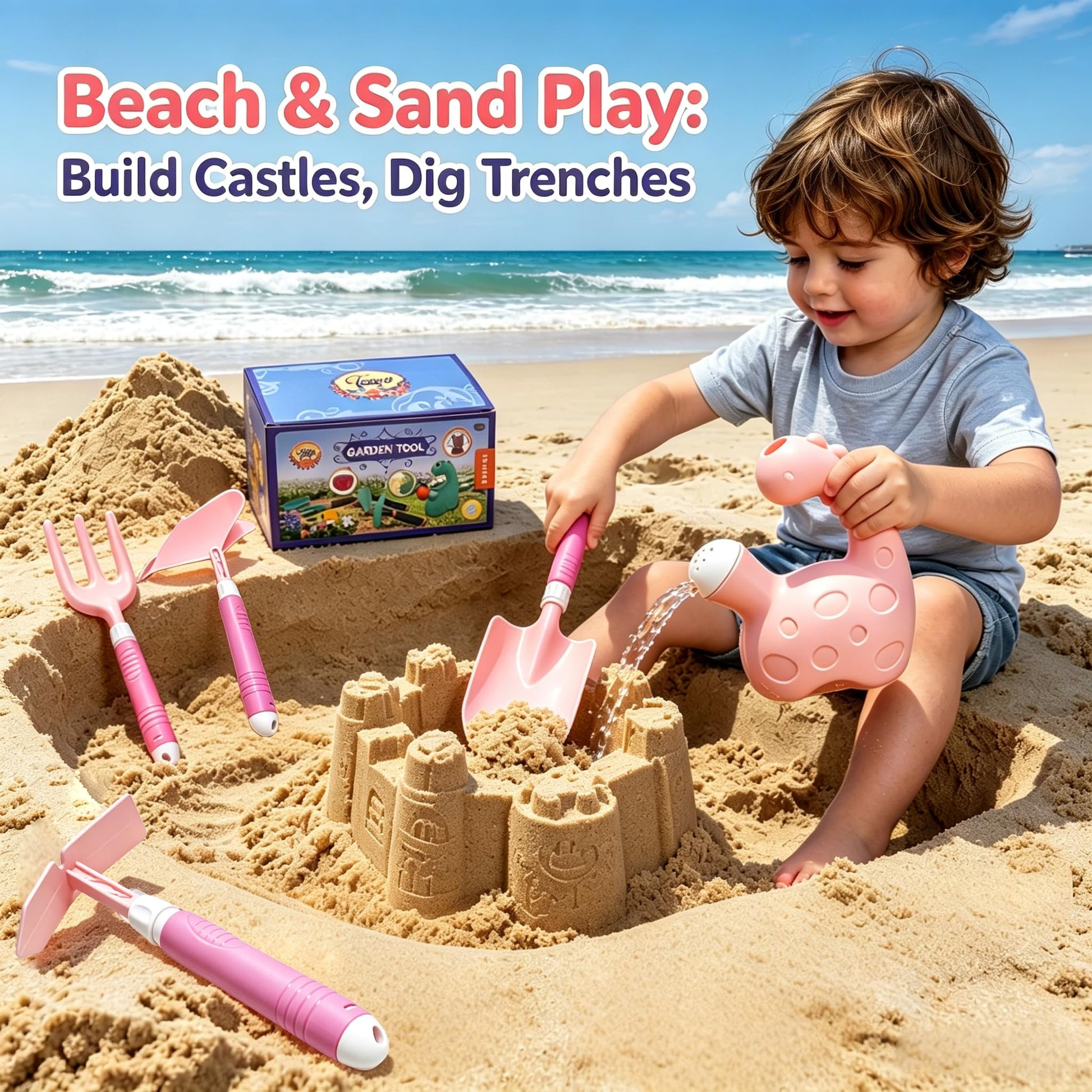 EXBEPE Kids Gardening Tools Set with Watering Can Shovel Pickaxe Hoe Fork- Outdoor Backyard Planting and Sand Beach Toy Kit Planting Sandbox Play Gift