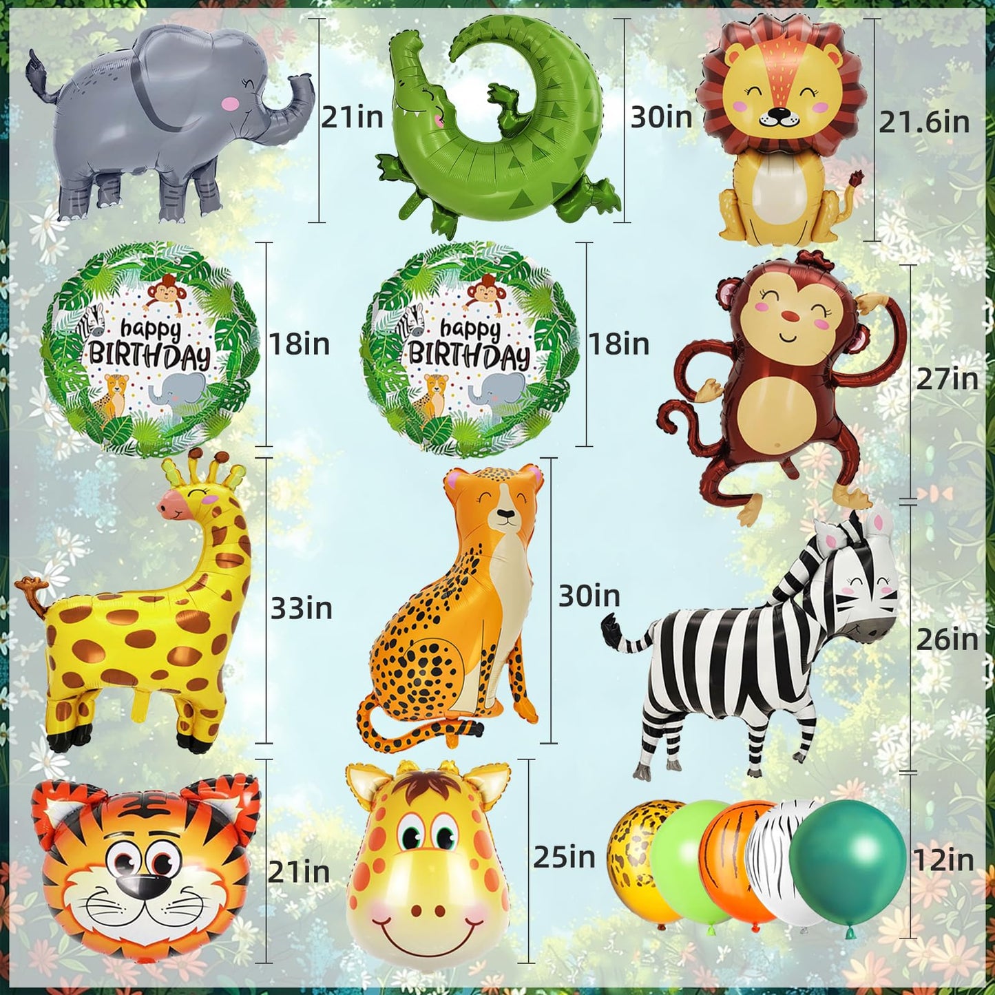 40 PCS Safari Jungle Animal Balloons Wild One Birthday Decorations Various Jungle Animal Balloons Monkey Elephant Zebra Leopard for Kids Safari Baby