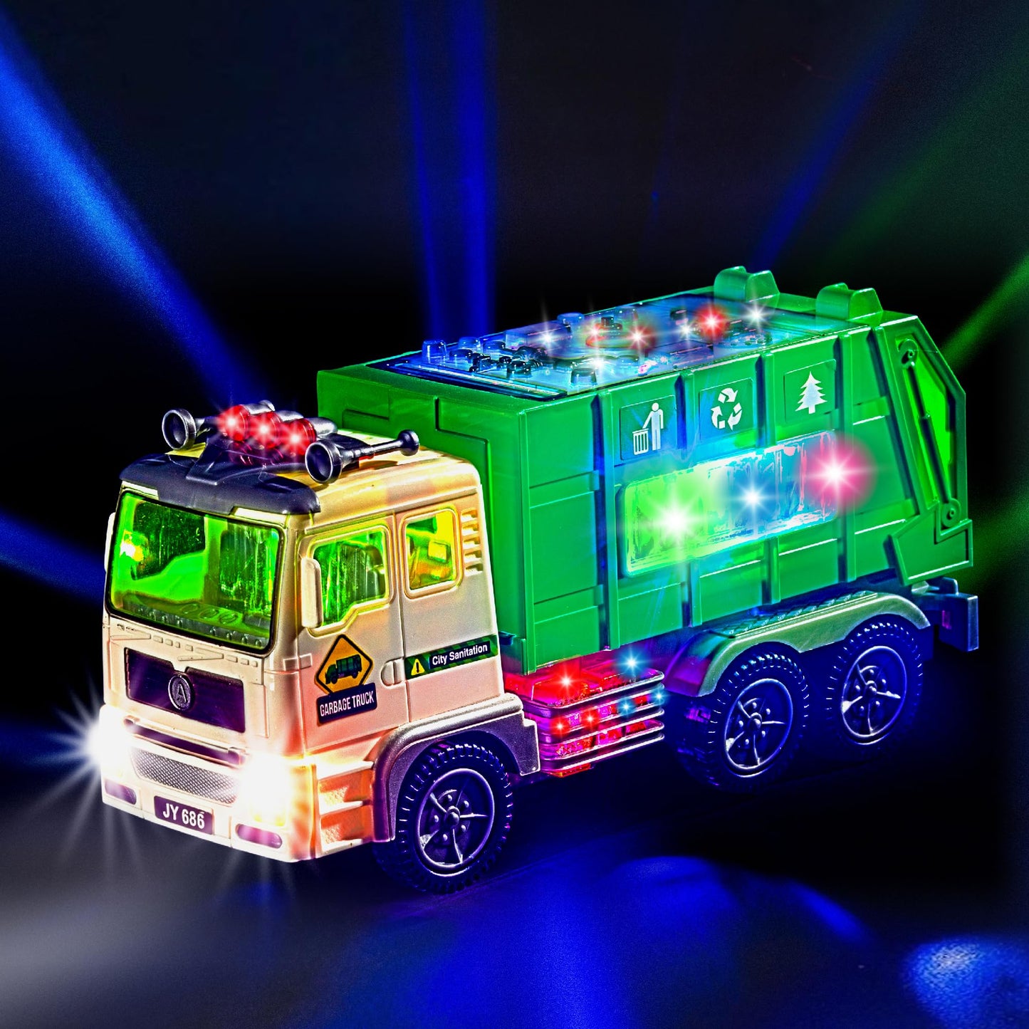 Zetz Brands Toy Garbage Truck with 4D Lights & Sounds for Boys, Toddlers, Kids 3+ - Trash Trucks Vehicle, Push Toy Car, Bump & Go w/Recycle