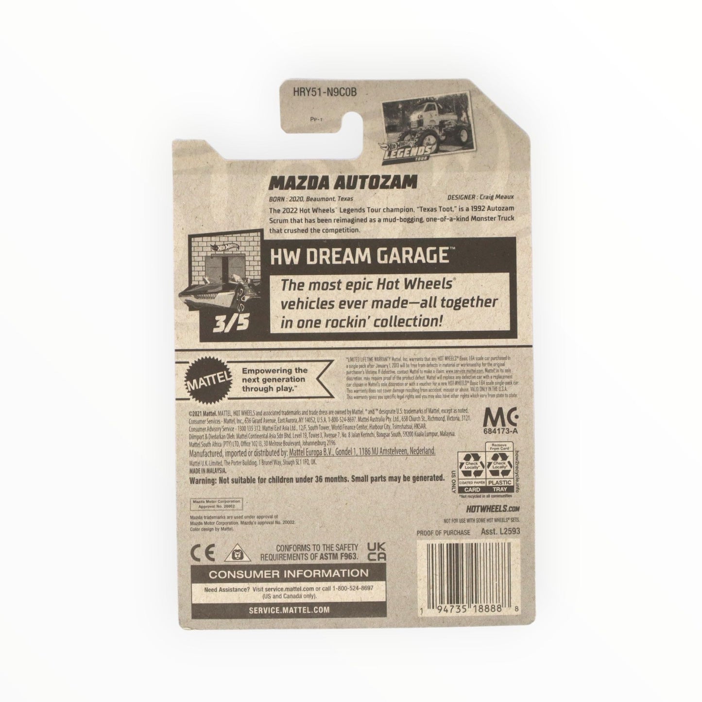 Mattel Hot Wheels Mazda Autozam, HW Dream Garage 3/5 [White] 1/250