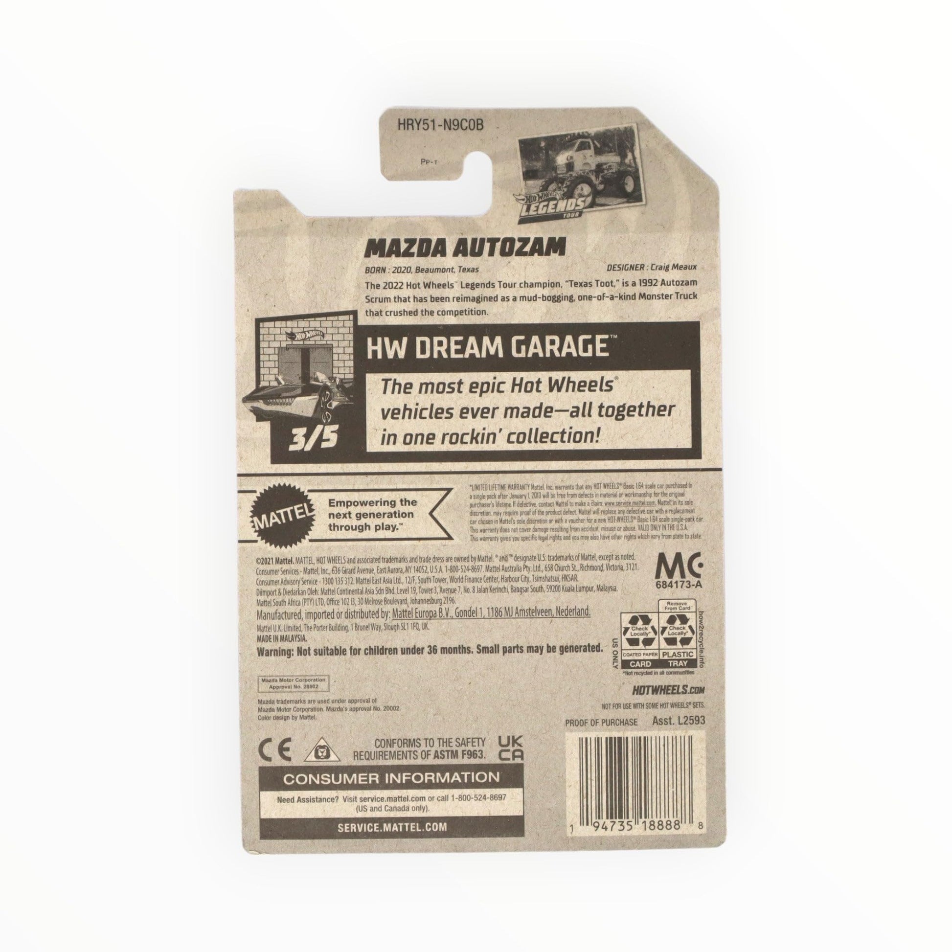 Mattel Hot Wheels Mazda Autozam, HW Dream Garage 3/5 [White] 1/250