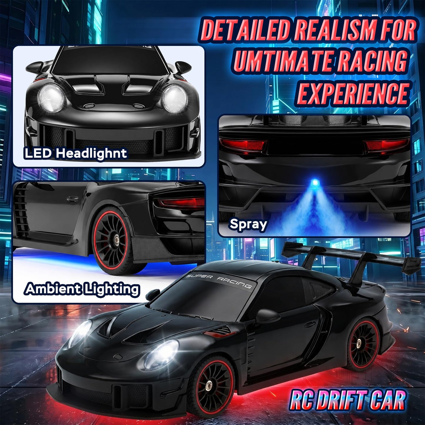 RC Drift Car with LED Headlights, Spray Mist & Underbody Lights, 2.4GHz Remote Control Car, High Speed RC Car with Extra Drift Tires, RC Cars