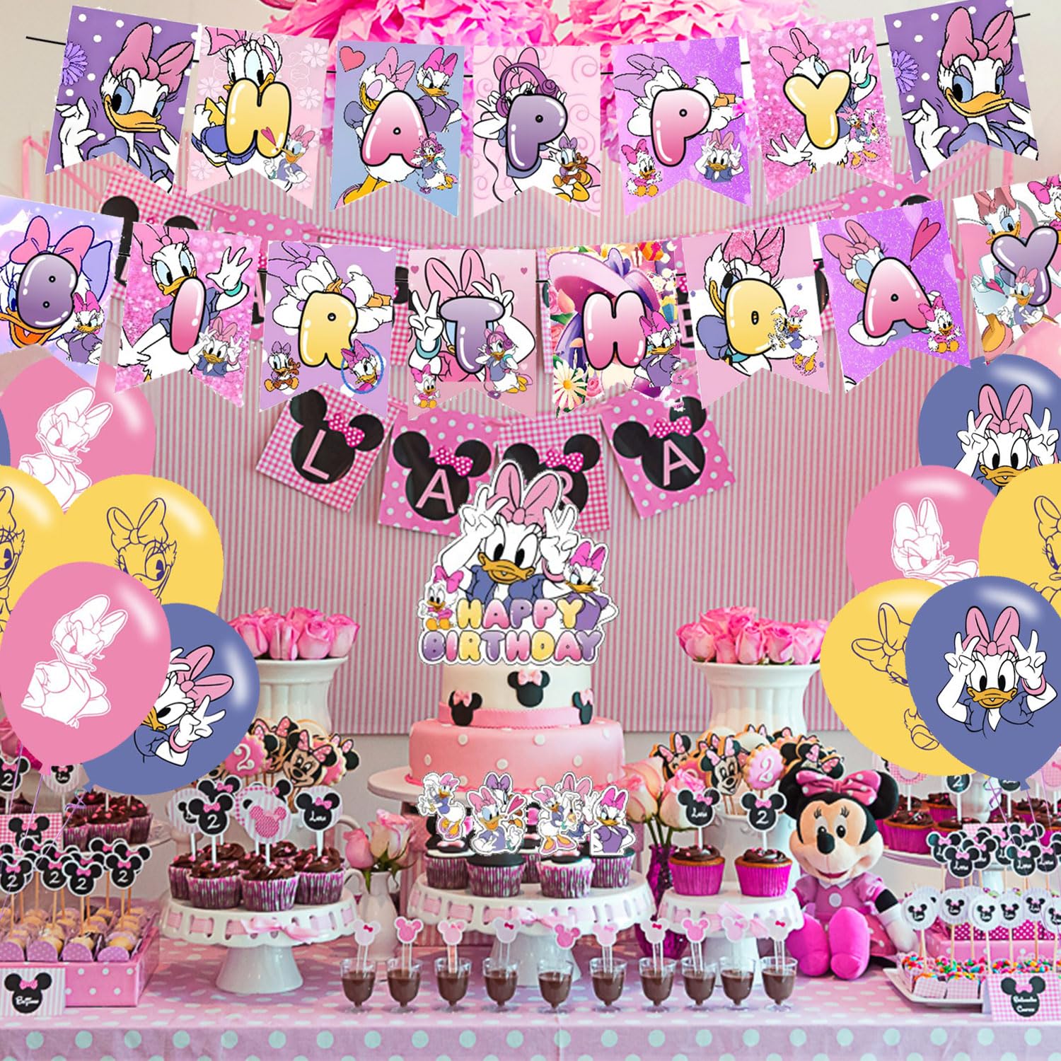 Daisy Duck Party Decoration Set - Movie Theme Banner, Cake Topper, Latex Balloons for Fan's Birthday Supplies