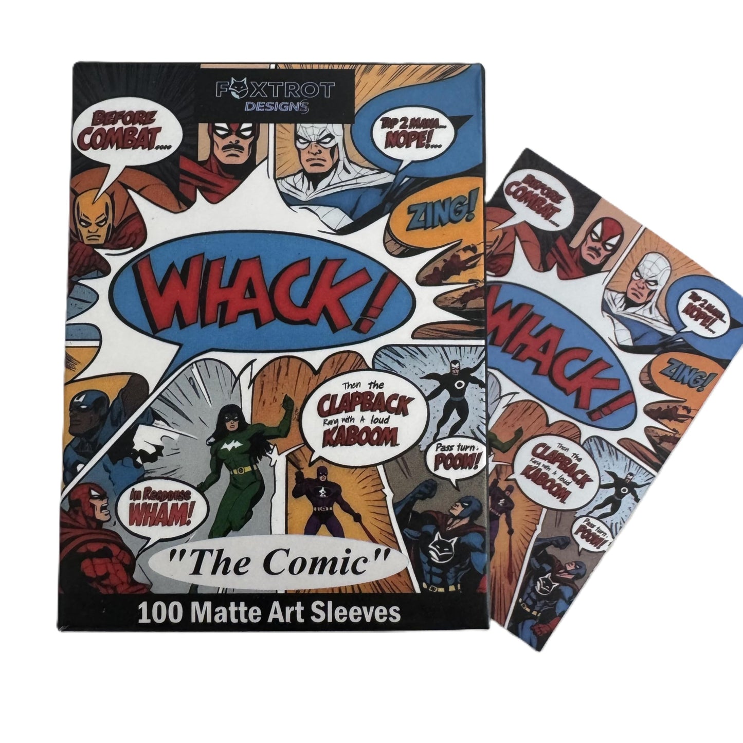 Foxtrot Designs TCG Art Card Sleeves. Superhero Comic Book Design - 100 Count Card Protectors with Matte Textured Back - Compatible with Magic The